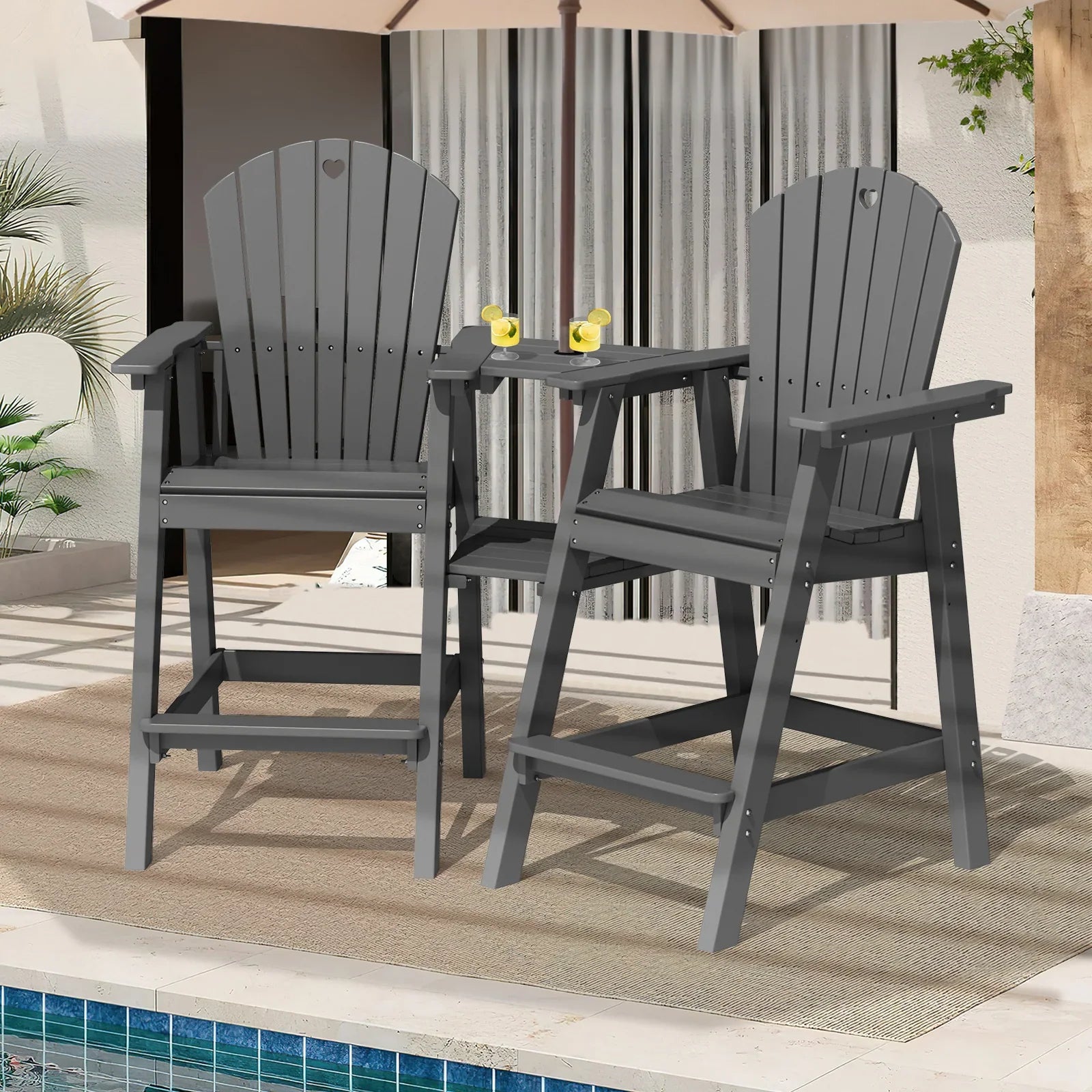 Tall Adirondack Chairs Set of 2-Durable HDPE Outdoor Bar Stools with Double Connecting Tray, Weatherproof Patio Furniture for Poolside, Backyard, Deck & Lawn Relaxation - Gardenjoy