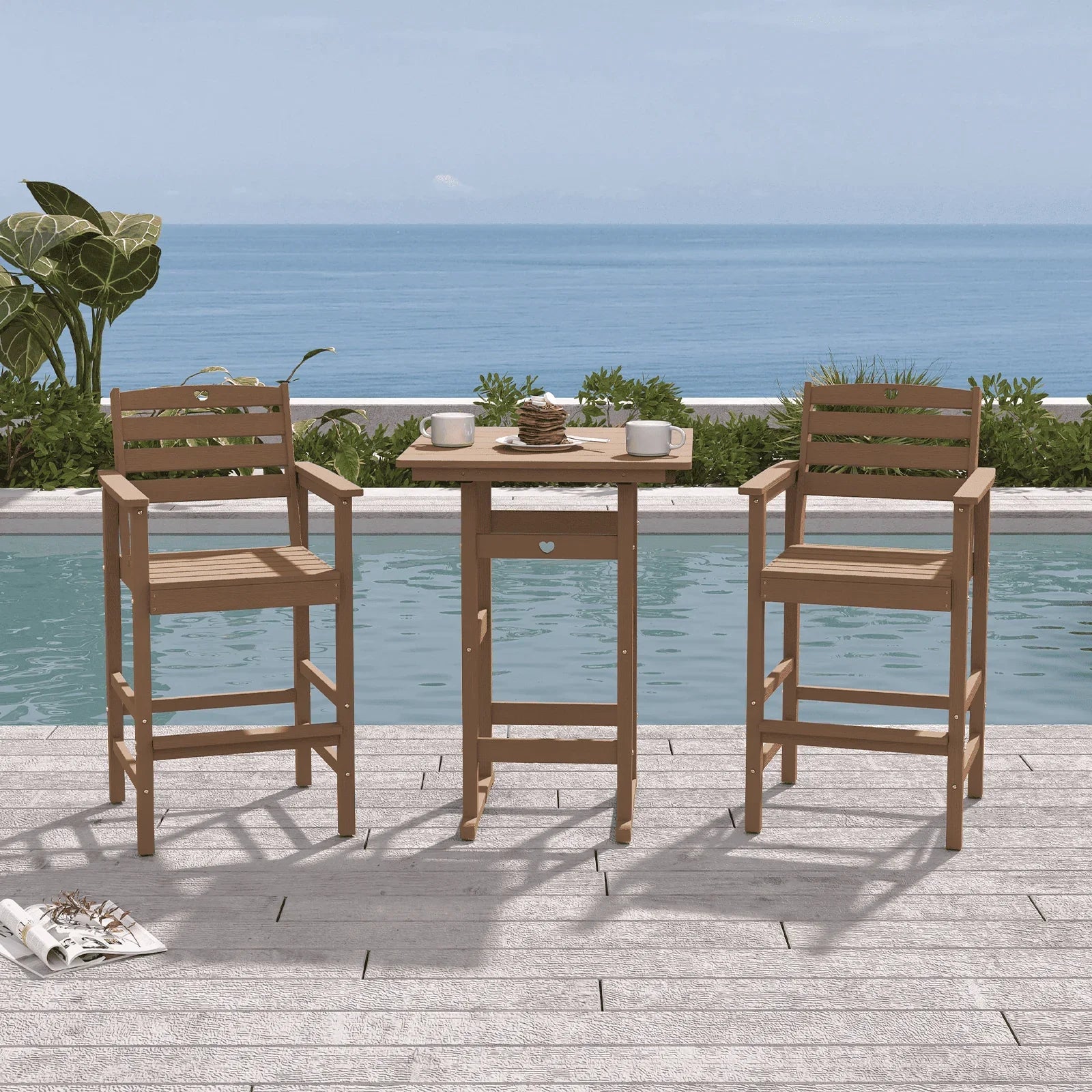 Bar Height Patio Table and Chairs Set|HDPE Wood Grain Outdoor Bar |Weather-Resistant Bar Height Furniture |for Deck, Porch, Pool - Gardenjoy
