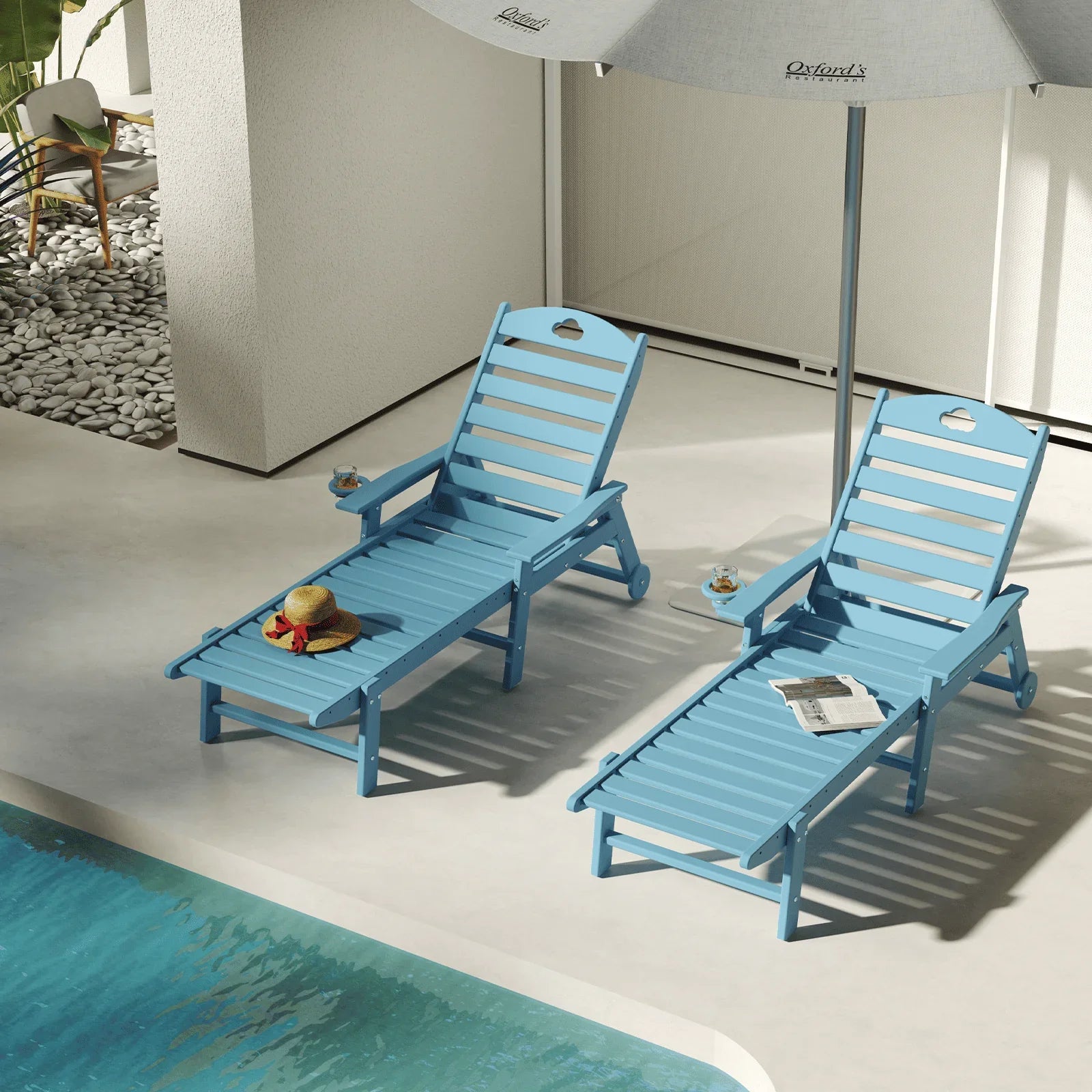 Outdoor lounge chair with cup holder, outdoor lounge chair with 5-position adjustable backrest, HDPE lounge chair for poolside, patio, deck and backyard, lounge chair with wheels - Gardenjoy