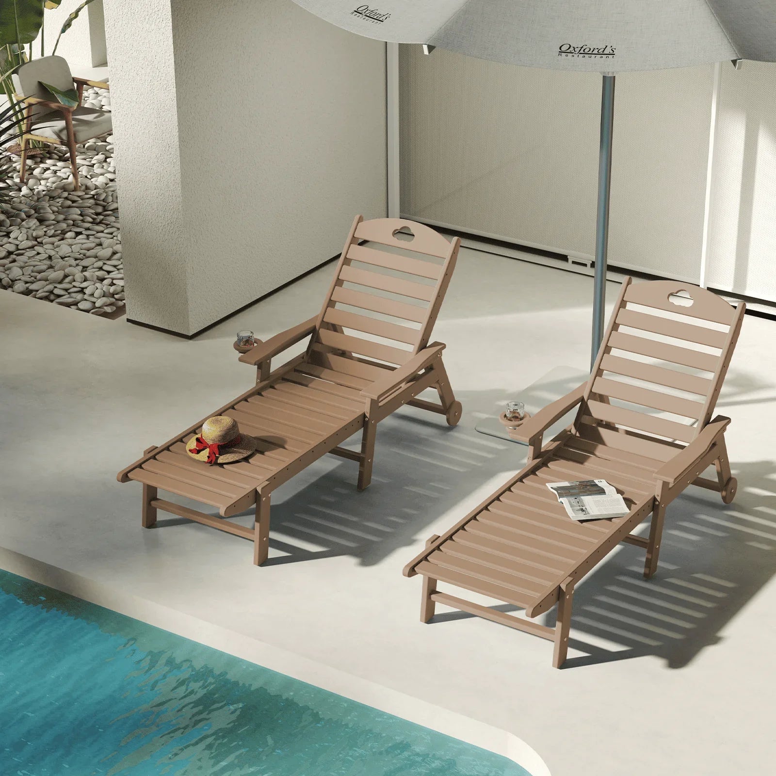 Outdoor lounge chair with cup holder, outdoor lounge chair with 5-position adjustable backrest, HDPE lounge chair for poolside, patio, deck and backyard, lounge chair with wheels - Gardenjoy