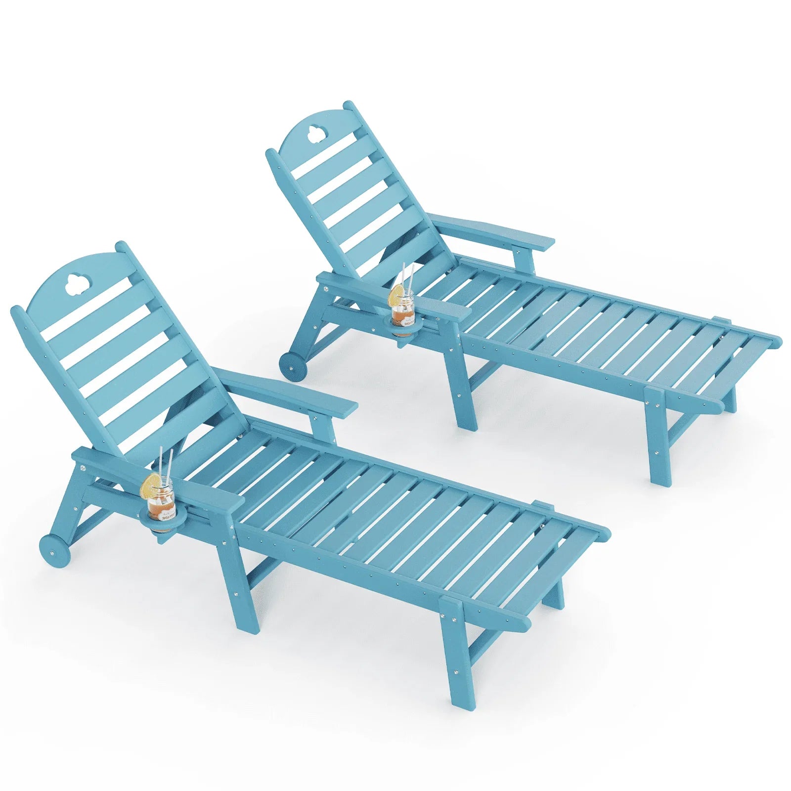 Outdoor lounge chair with cup holder, outdoor lounge chair with 5-position adjustable backrest, HDPE lounge chair for poolside, patio, deck and backyard, lounge chair with wheels - Gardenjoy
