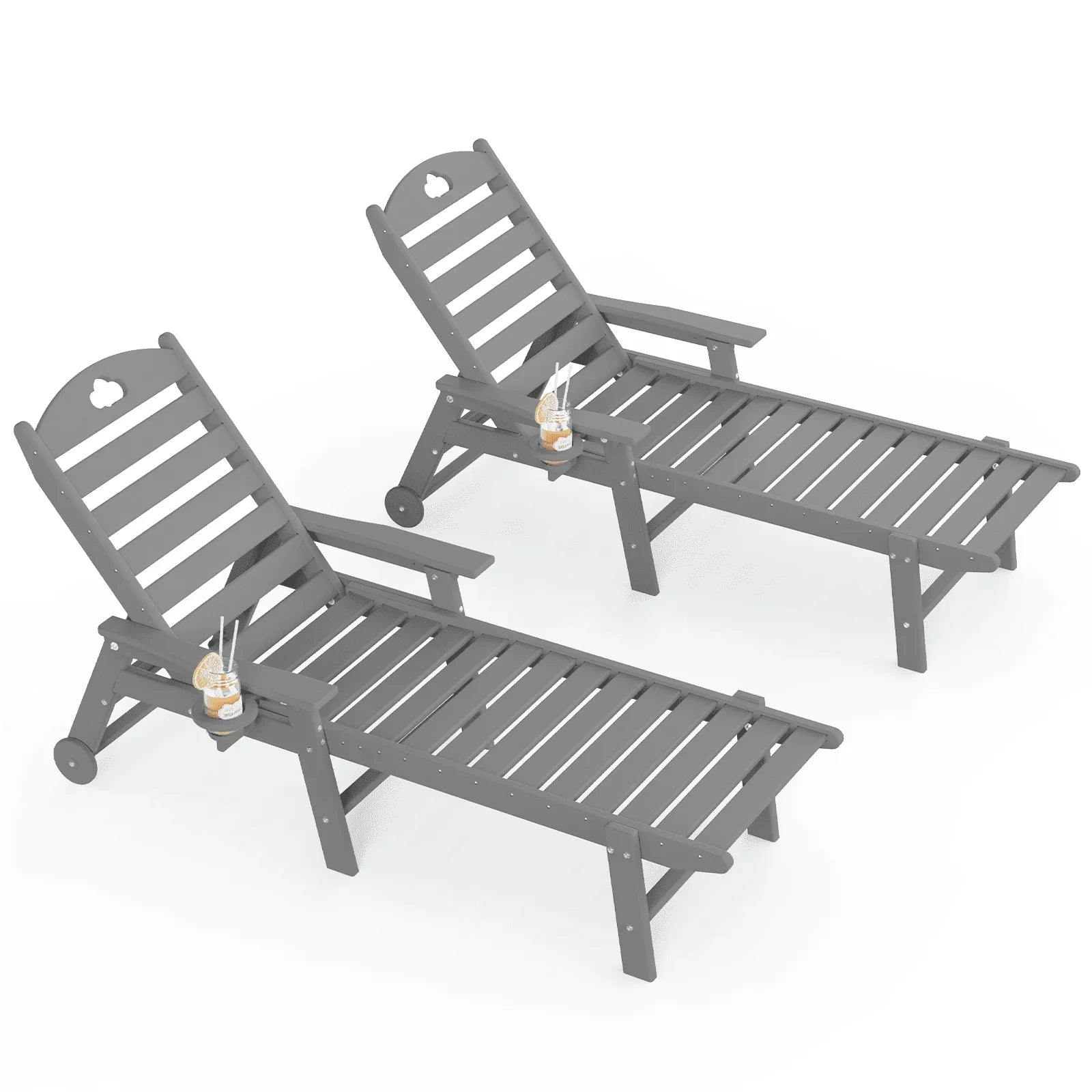 Outdoor lounge chair with cup holder, outdoor lounge chair with 5-position adjustable backrest, HDPE lounge chair for poolside, patio, deck and backyard, lounge chair with wheels - Gardenjoy