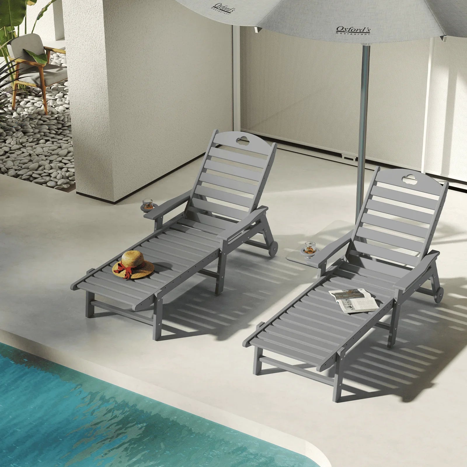 Outdoor lounge chair with cup holder, outdoor lounge chair with 5-position adjustable backrest, HDPE lounge chair for poolside, patio, deck and backyard, lounge chair with wheels - Gardenjoy