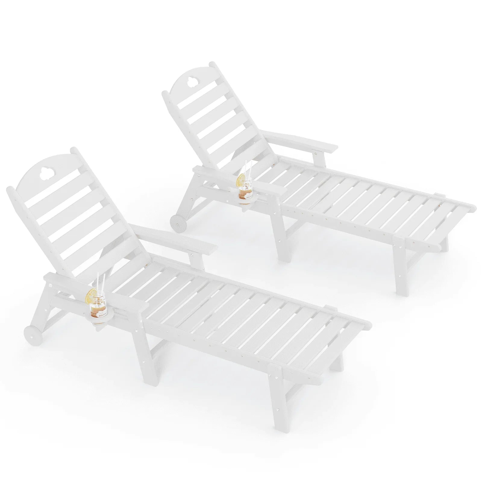 Outdoor lounge chair with cup holder, outdoor lounge chair with 5-position adjustable backrest, HDPE lounge chair for poolside, patio, deck and backyard, lounge chair with wheels - Gardenjoy