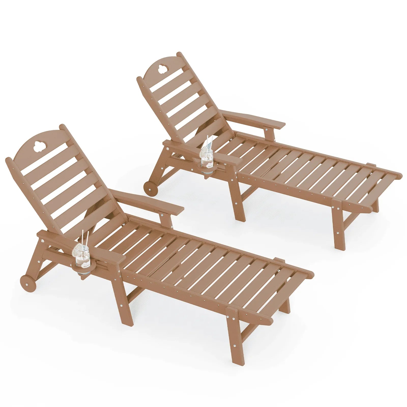 Outdoor lounge chair with cup holder, outdoor lounge chair with 5-position adjustable backrest, HDPE lounge chair for poolside, patio, deck and backyard, lounge chair with wheels - Gardenjoy