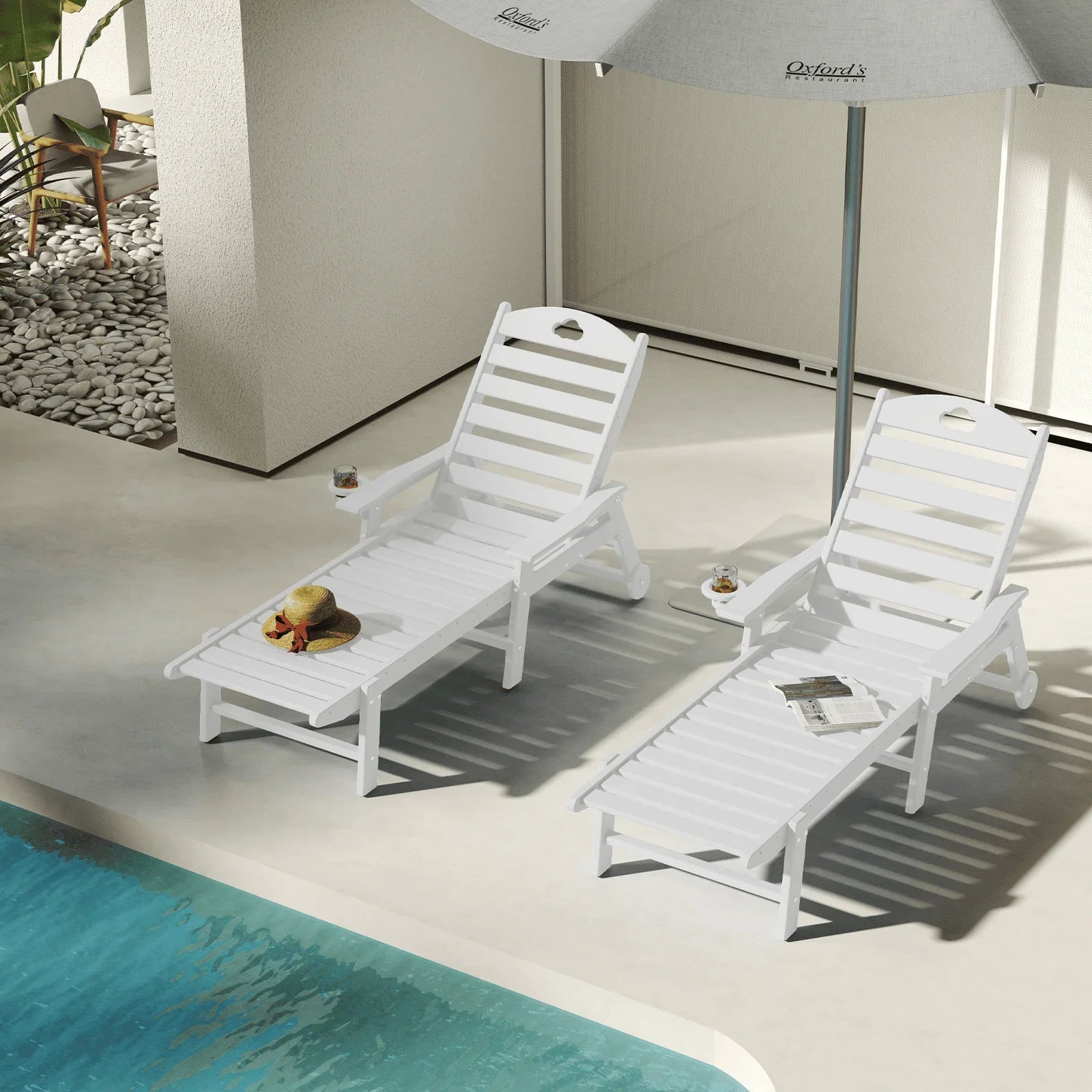Outdoor lounge chair with cup holder, outdoor lounge chair with 5-position adjustable backrest, HDPE lounge chair for poolside, patio, deck and backyard, lounge chair with wheels - Gardenjoy