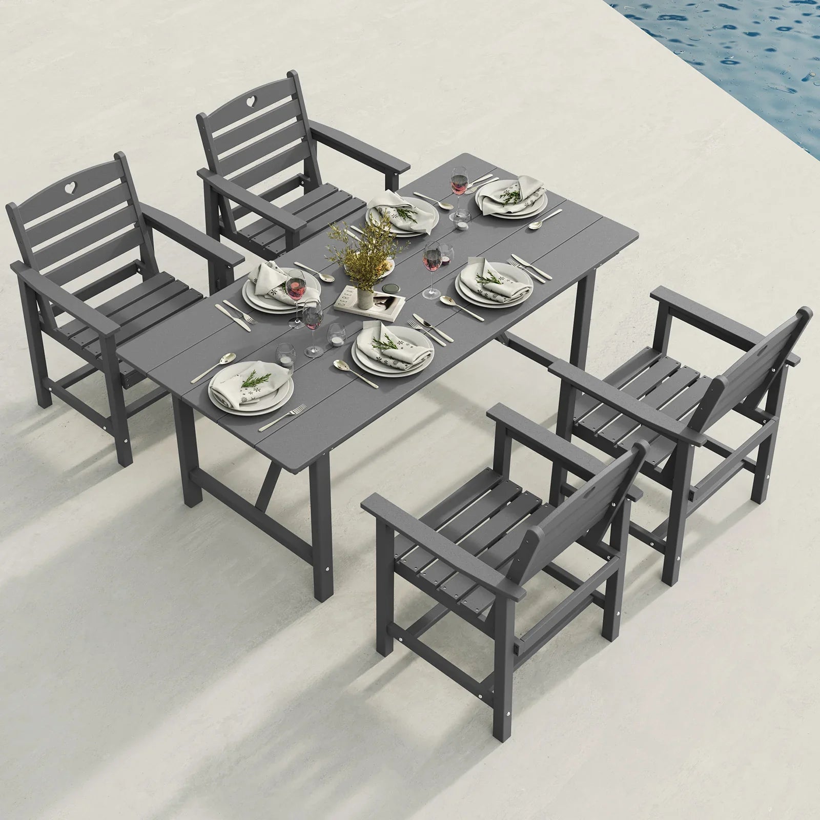 HDPE Patio Table and Chairs Set with Umbrella Hole, Weather-Resistant Patio Dining Sets, Outdoor Dining Set for Lawn, Patio, Porch, Deck, Poolside, Yard - Gardenjoy