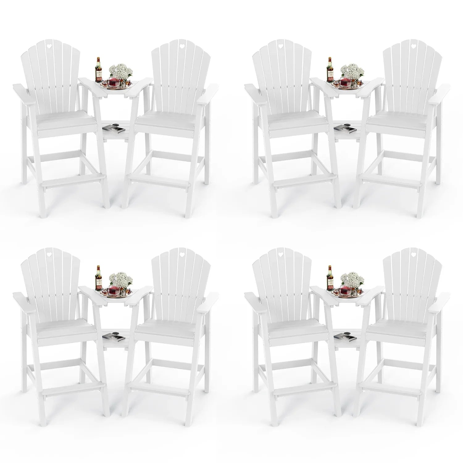 Tall Adirondack Chairs Set of 2 with Double Layer Connecting Table, HDPE Bar Height Outdoor Table and Chairs with Umbrella Hole, All Weather Outdoor Bar Stools for Patio, Deck, Backyard - Gardenjoy