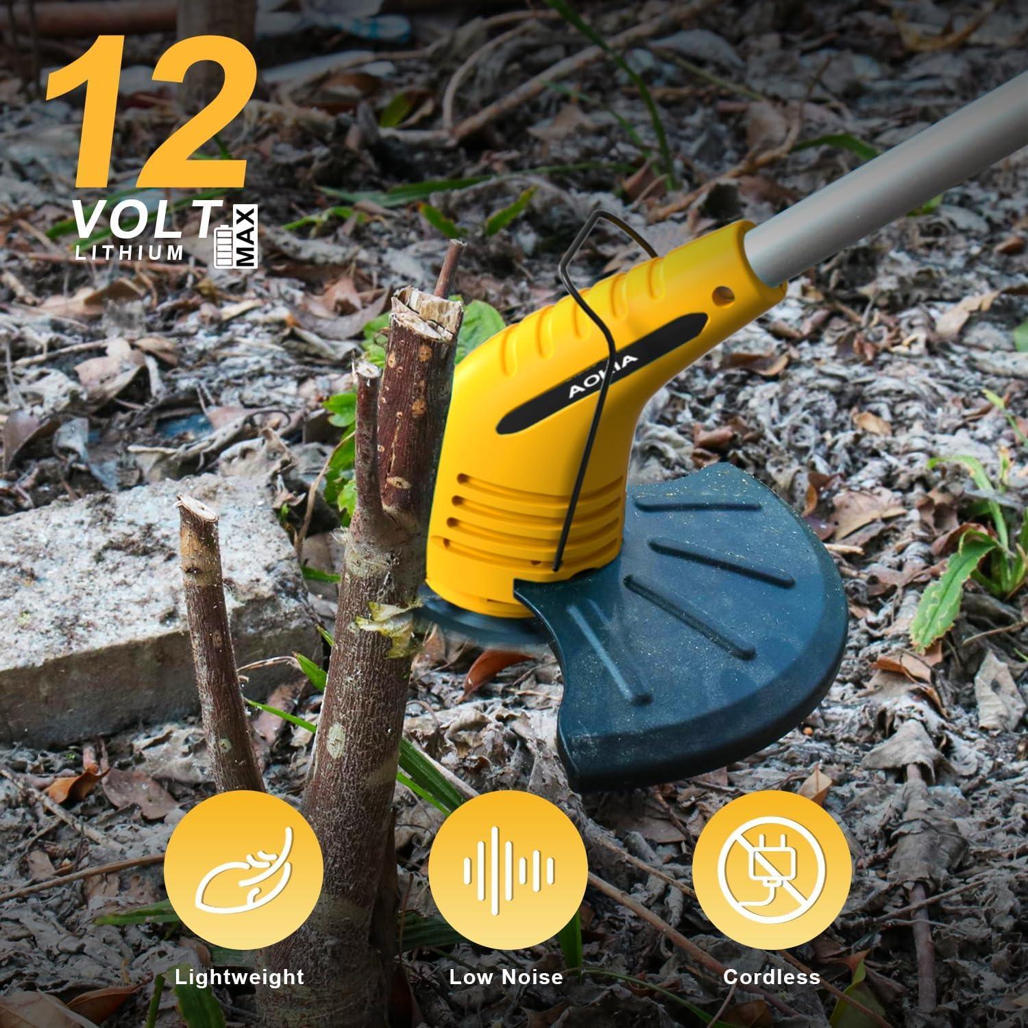 12V Cordless Grass Trimmer with 2.0Ah Batteries, Fast Charger and 2 Types Cutting Blades - Yellow - Gardenjoy