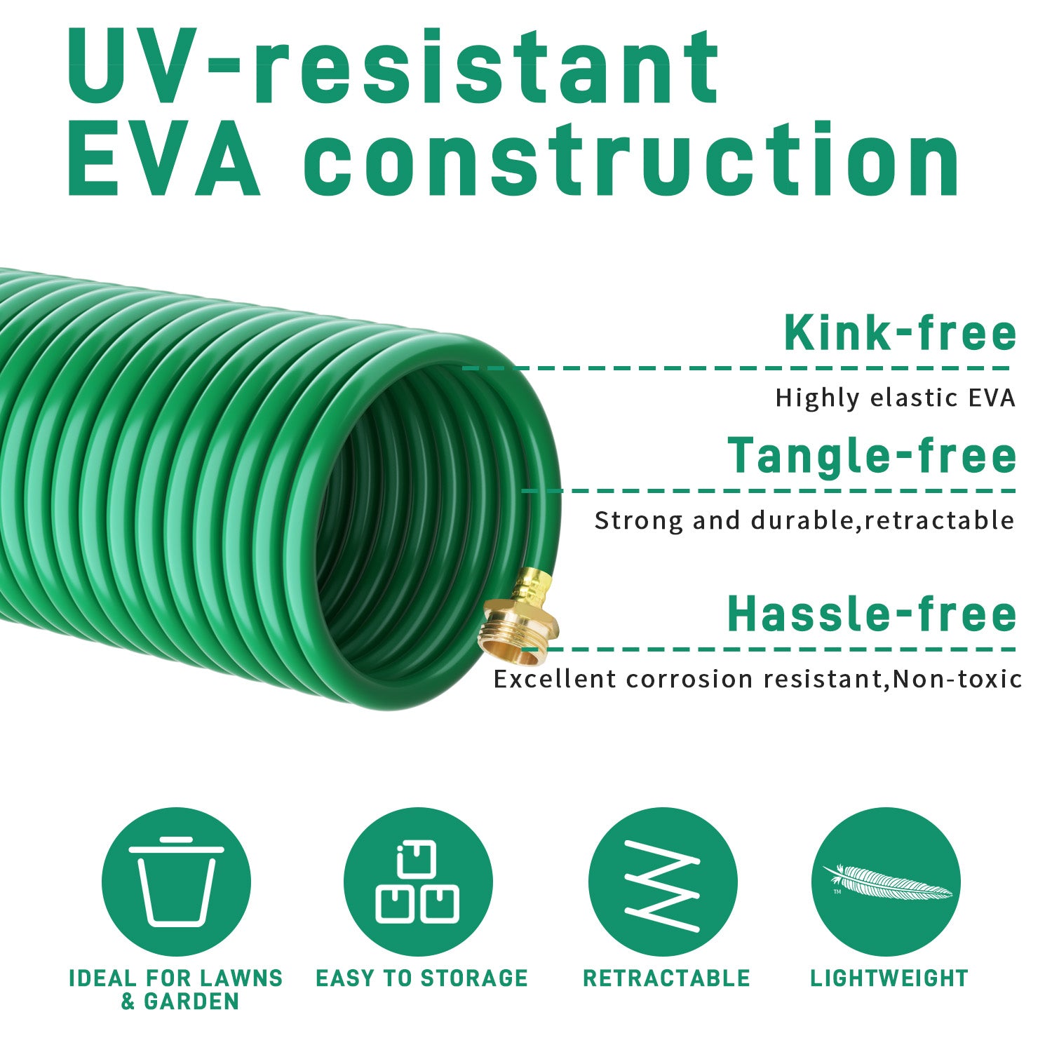 EVA Material Spiral Hose 25/50FT with Brass Connectors, Lightweight and Tangle-free, Equipped with Nozzle Offering 10 Spray Patterns|for Outdoor Lawn Watering and Car Washing