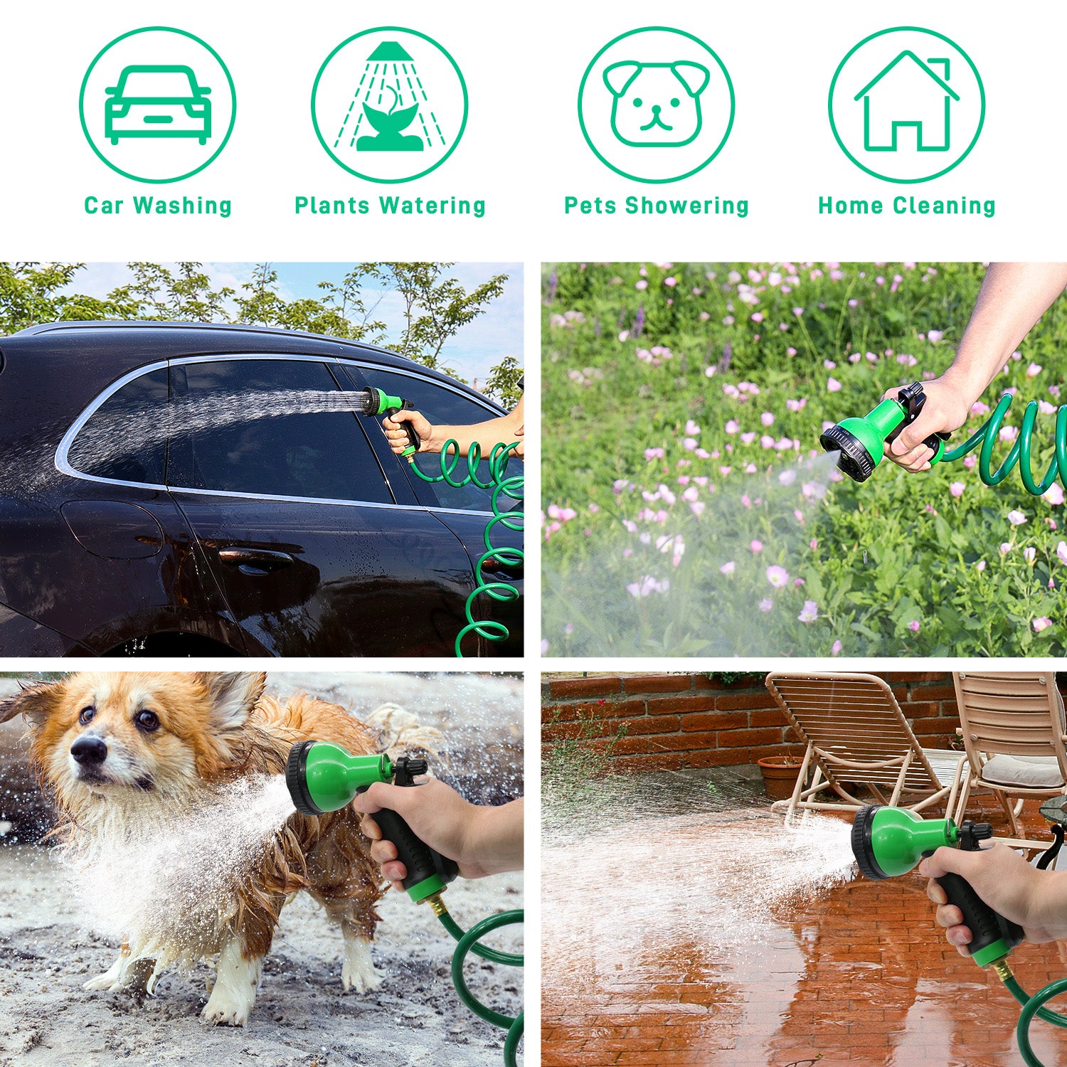 EVA Material Spiral Hose 25/50FT with Brass Connectors, Lightweight and Tangle-free, Equipped with Nozzle Offering 10 Spray Patterns|for Outdoor Lawn Watering and Car Washing