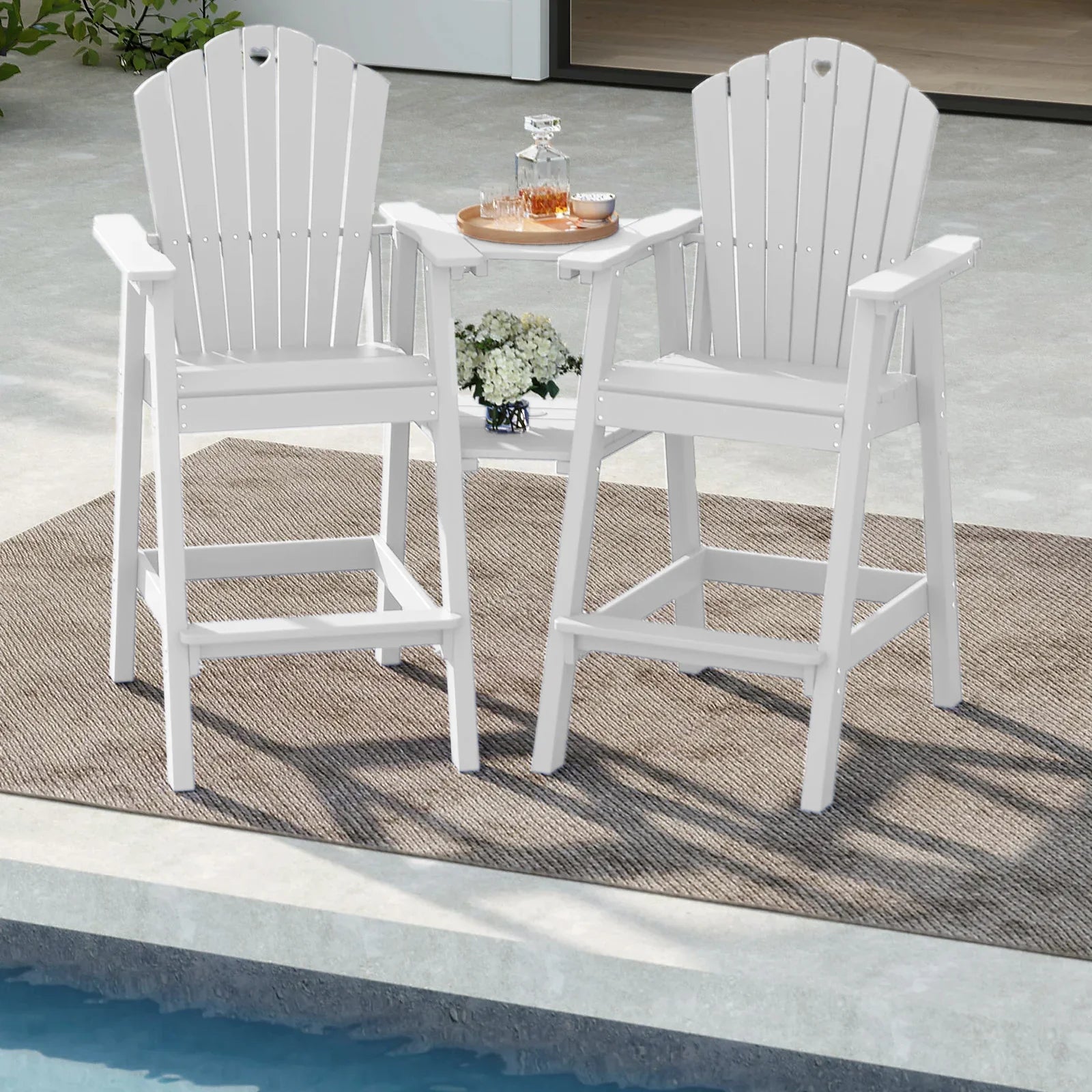 Tall Adirondack Chairs Set of 2 with Double Layer Connecting Table, HDPE Bar Height Outdoor Table and Chairs with Umbrella Hole, All Weather Outdoor Bar Stools for Patio, Deck, Backyard - Gardenjoy
