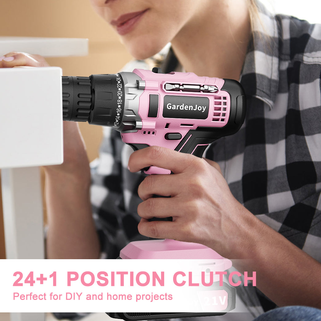 GardenJoy 21V Cordless Drill Set, with 3/8-Inch Keyless Chuck, Built-in LED Light, 30 Pieces of Accessories, 24+1 Torque Settings,for Home Renovation
