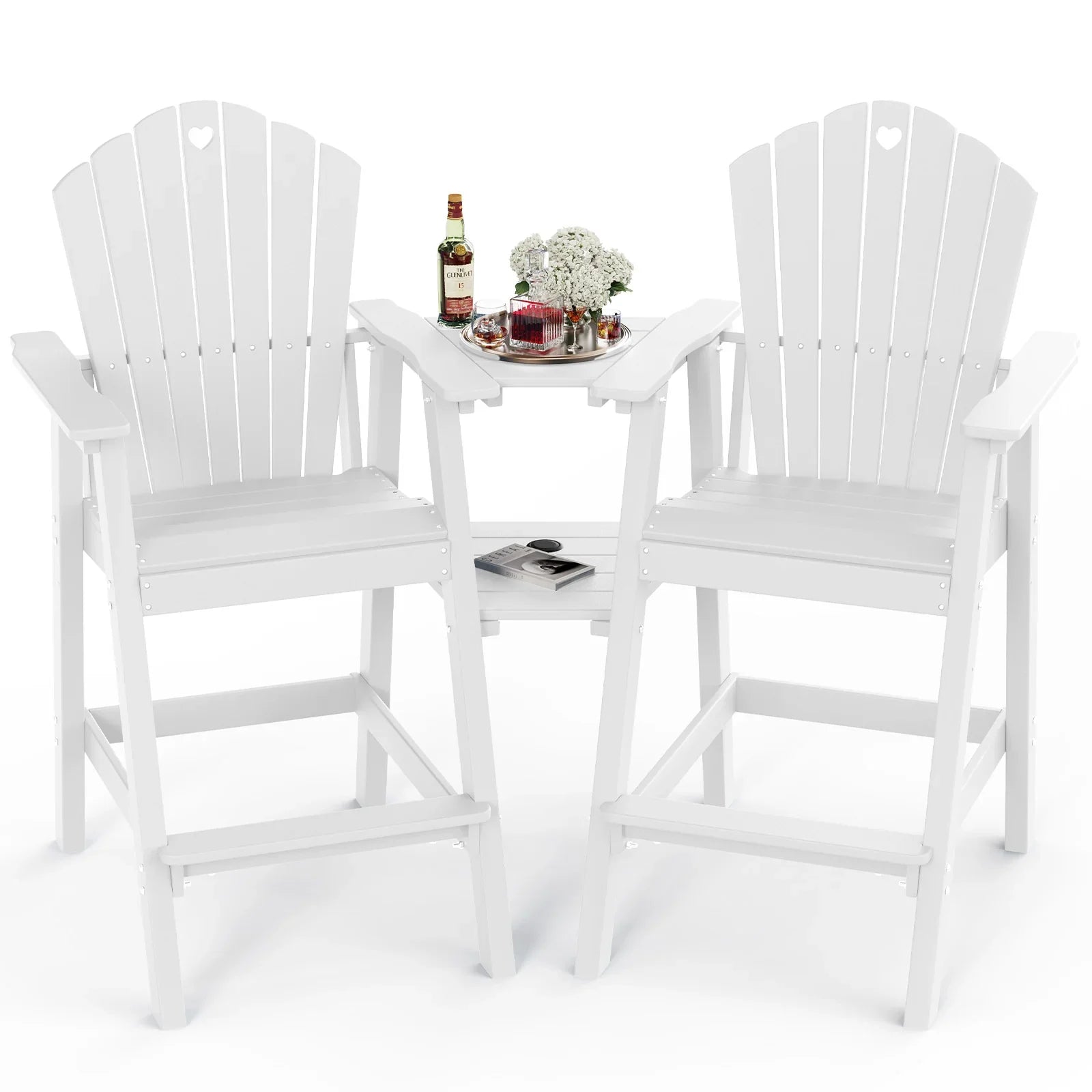 Tall Adirondack Chairs Set of 2 with Double Layer Connecting Table, HDPE Bar Height Outdoor Table and Chairs with Umbrella Hole, All Weather Outdoor Bar Stools for Patio, Deck, Backyard - Gardenjoy