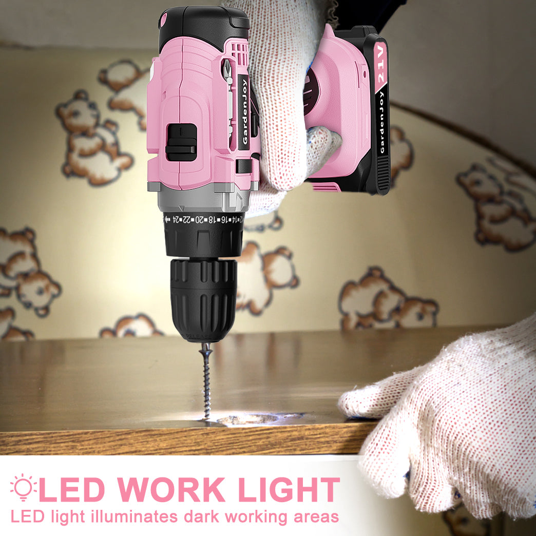 GardenJoy 21V Cordless Drill Set, with 3/8-Inch Keyless Chuck, Built-in LED Light, 30 Pieces of Accessories, 24+1 Torque Settings,for Home Renovation