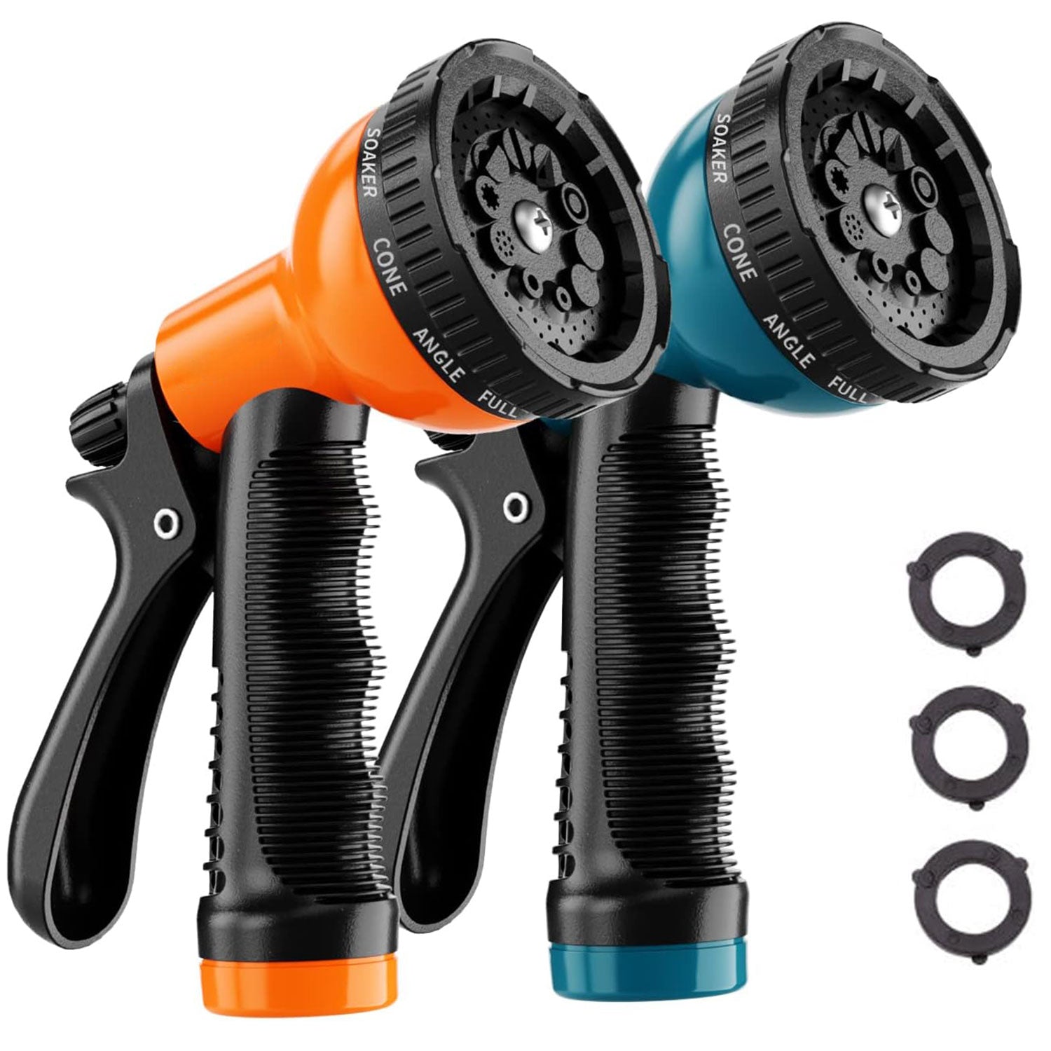2-Pieces Garden Hose Nozzle Set, with 10 Spray Patterns (Blue | Orange)