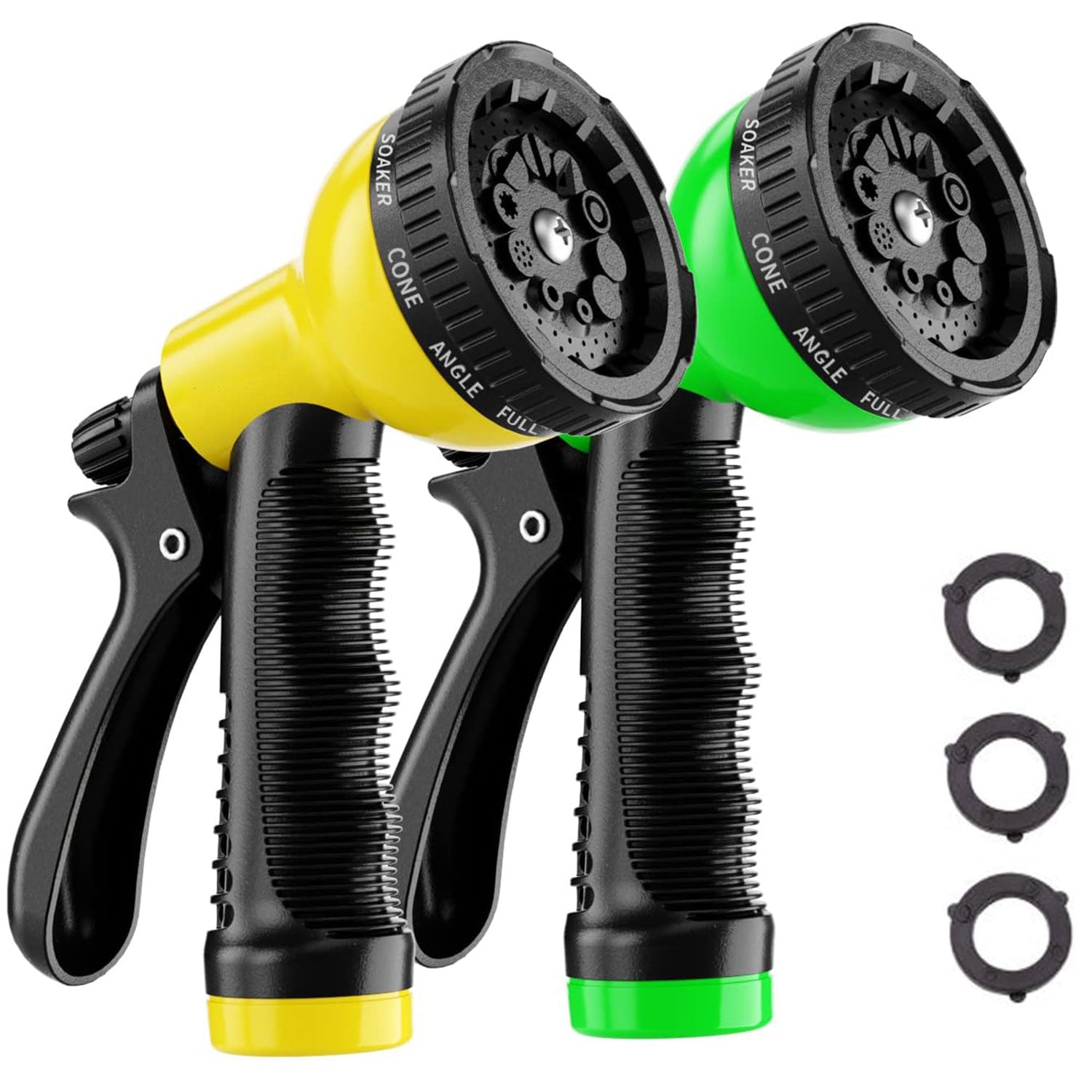 2-Pieces Garden Hose Nozzle Set, with 10 Spray Patterns (Yellow | Green)