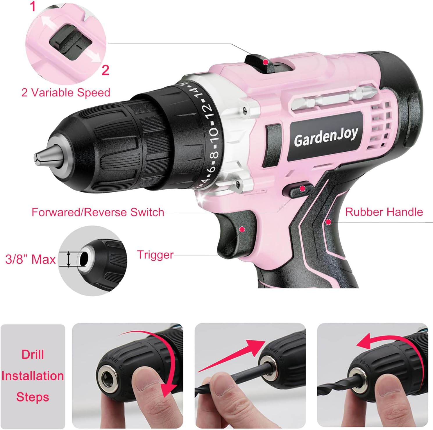 GardenJoy 12V Cordless Drill Set with 1 Battery, Fast Charger ,Built-in LED Light and Multiple Drill Bits|for Home Renovation