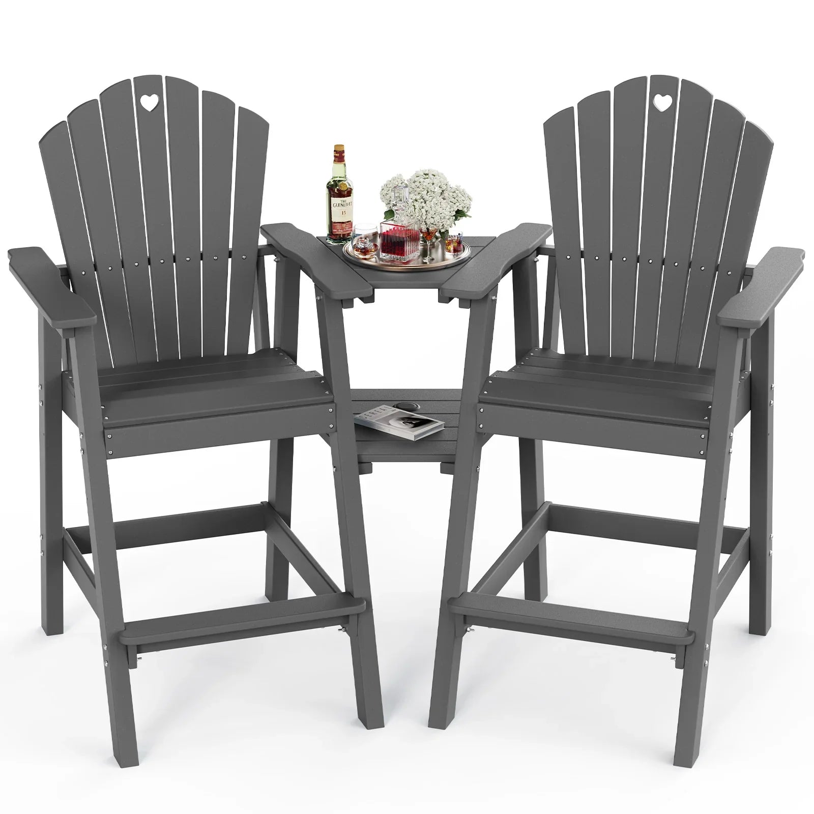Tall Adirondack Chairs Set of 2 with Double Layer Connecting Table, HDPE Bar Height Outdoor Table and Chairs with Umbrella Hole, All Weather Outdoor Bar Stools for Patio, Deck, Backyard - Gardenjoy