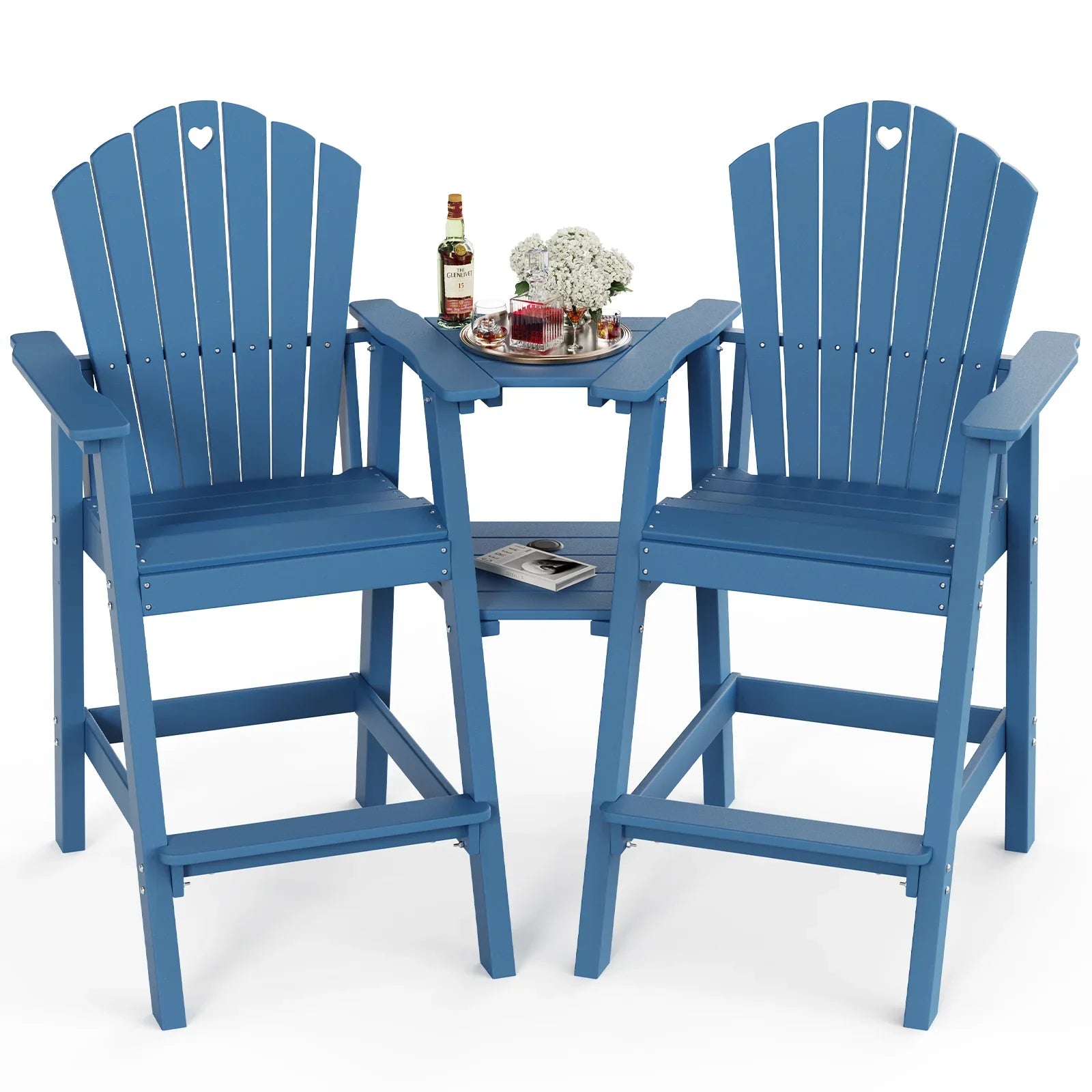 Tall Adirondack Chairs Set of 2 with Double Layer Connecting Table, HDPE Bar Height Outdoor Table and Chairs with Umbrella Hole, All Weather Outdoor Bar Stools for Patio, Deck, Backyard - Gardenjoy