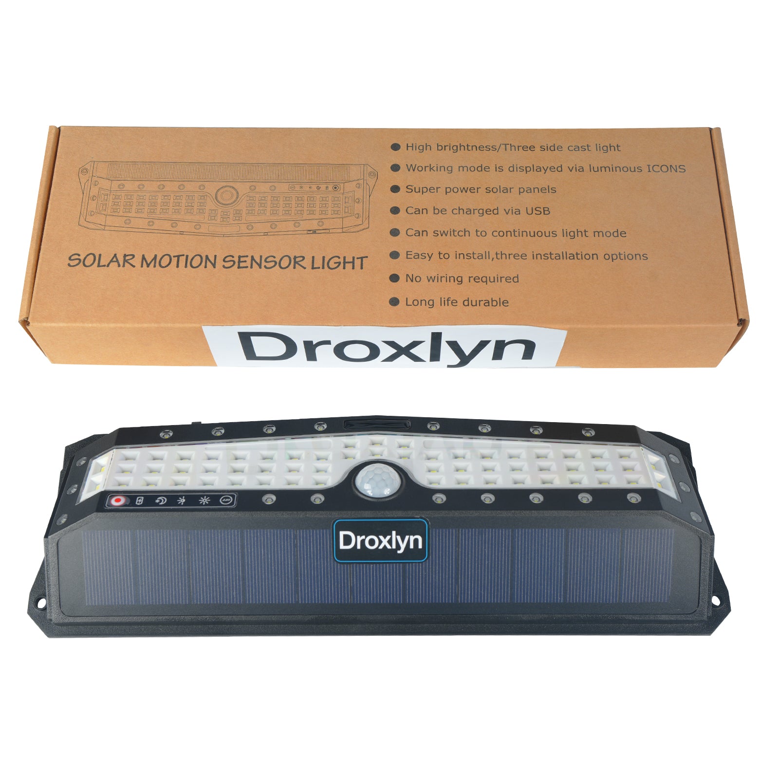 Droxlyn Solar Outdoor Motion Sensor Lights, Waterproof LED Solar Wall Lights 3 Modes Security Lamp for Yard Patio Garden Fence