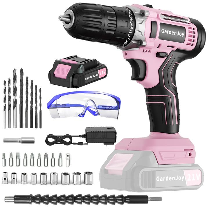 GardenJoy 21V Cordless Drill Set, with 3/8-Inch Keyless Chuck, Built-in LED Light, 30 Pieces of Accessories, 24+1 Torque Settings,for Home Renovation