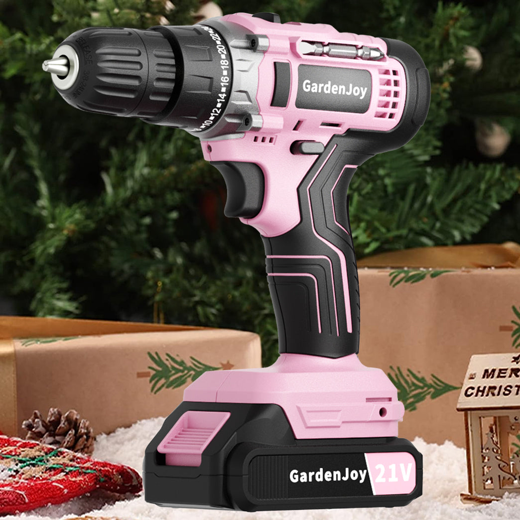 GardenJoy 21V Cordless Drill Set, with 3/8-Inch Keyless Chuck, Built-in LED Light, 30 Pieces of Accessories, 24+1 Torque Settings,for Home Renovation
