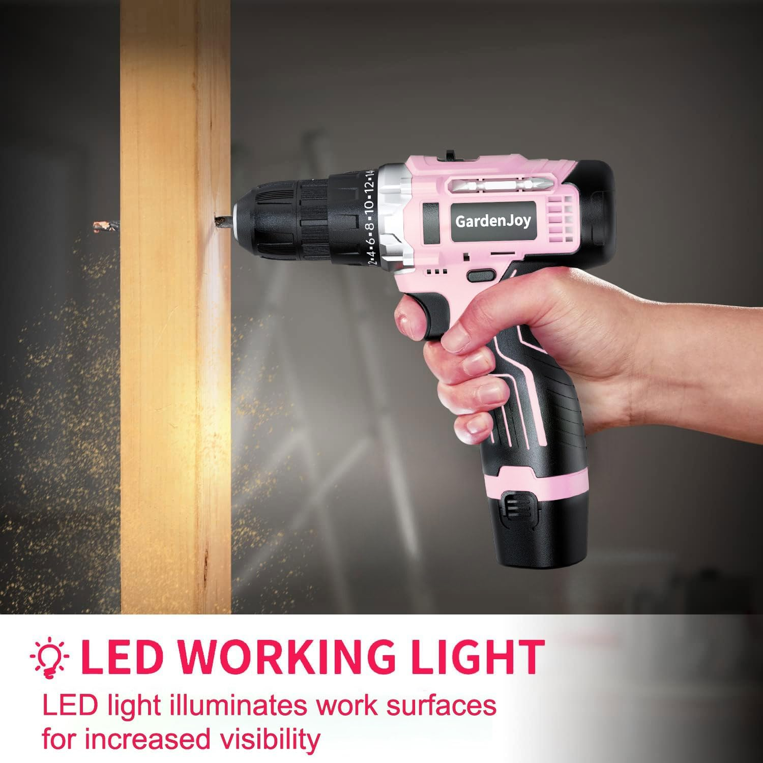 GardenJoy 12V Cordless Drill Set with 1 Battery, Fast Charger ,Built-in LED Light and Multiple Drill Bits|for Home Renovation