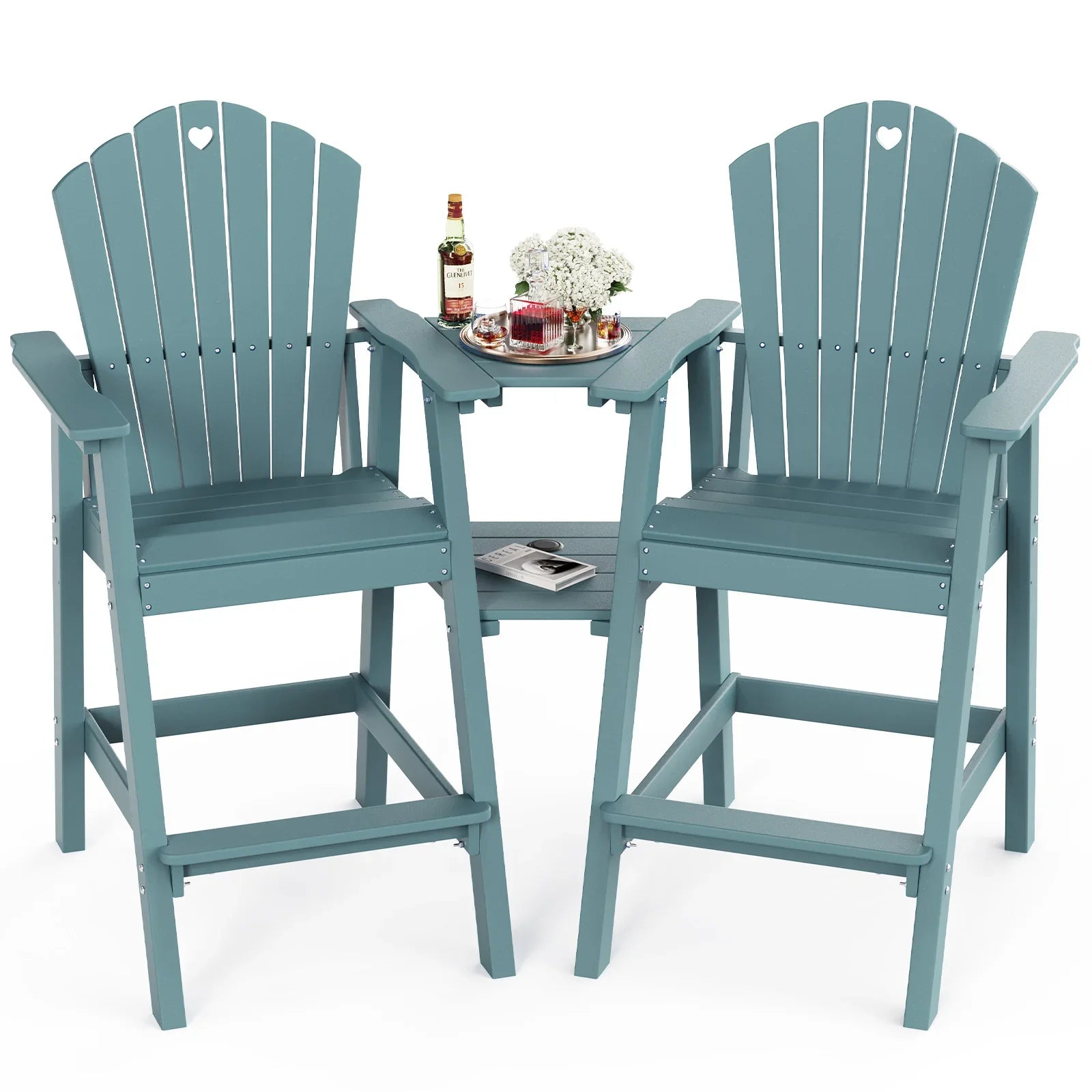 Tall Adirondack Chairs Set of 2 with Double Layer Connecting Table, HDPE Bar Height Outdoor Table and Chairs with Umbrella Hole, All Weather Outdoor Bar Stools for Patio, Deck, Backyard - Gardenjoy