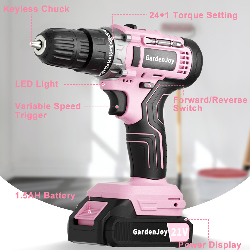 GardenJoy 21V Cordless Drill Set, with 3/8-Inch Keyless Chuck, Built-in LED Light, 30 Pieces of Accessories, 24+1 Torque Settings,for Home Renovation