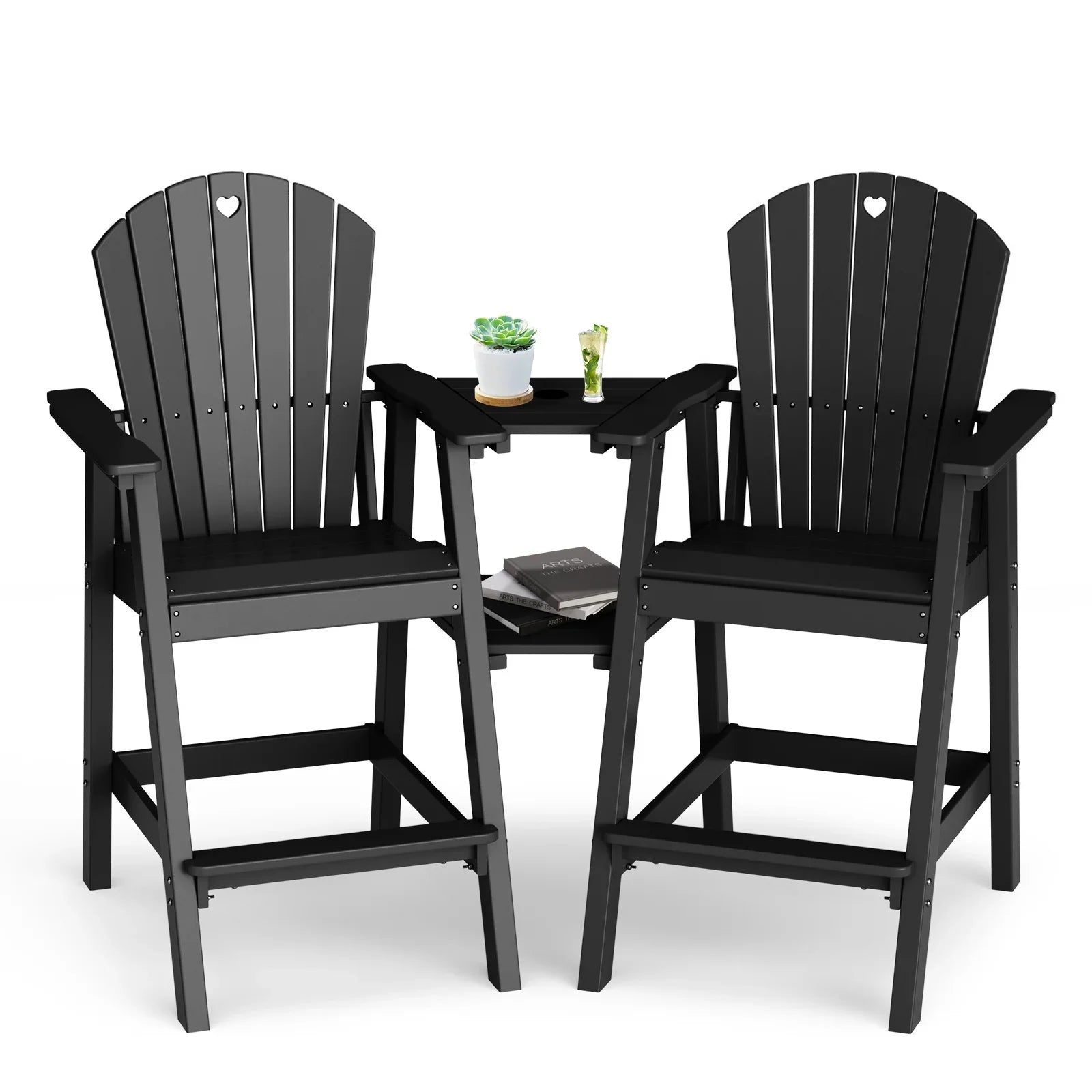 Tall Adirondack Chairs Set of 2-Durable HDPE Outdoor Bar Stools with Double Connecting Tray, Weatherproof Patio Furniture for Poolside, Backyard, Deck & Lawn Relaxation - Gardenjoy