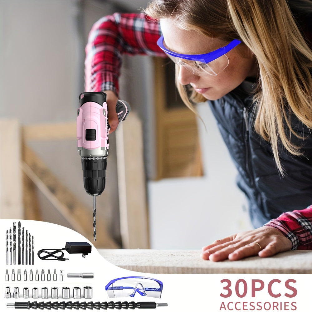 GardenJoy 21V Cordless Drill Set, with 3/8-Inch Keyless Chuck, Built-in LED Light, 30 Pieces of Accessories, 24+1 Torque Settings,for Home Renovation