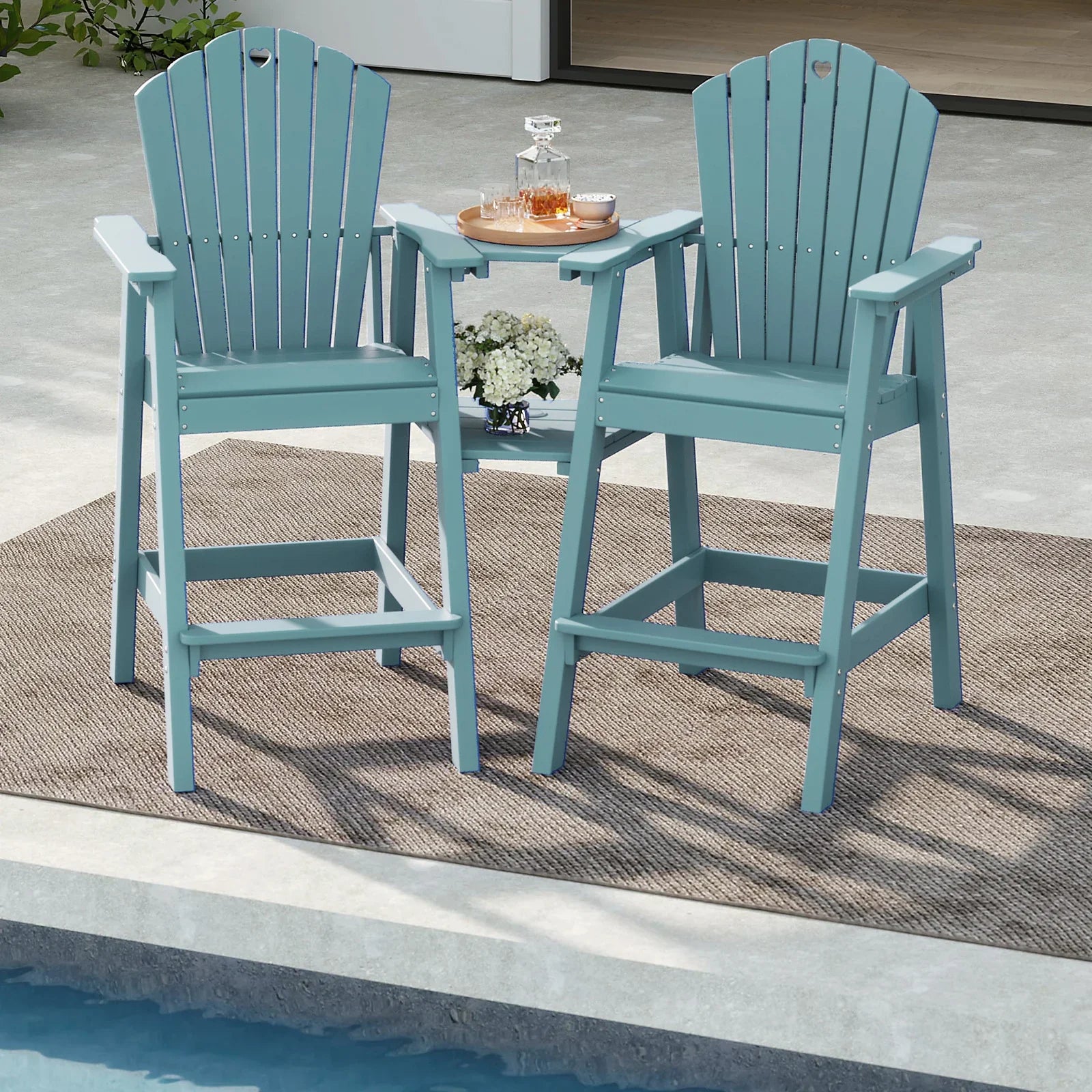 Tall Adirondack Chairs Set of 2 with Double Layer Connecting Table, HDPE Bar Height Outdoor Table and Chairs with Umbrella Hole, All Weather Outdoor Bar Stools for Patio, Deck, Backyard - Gardenjoy