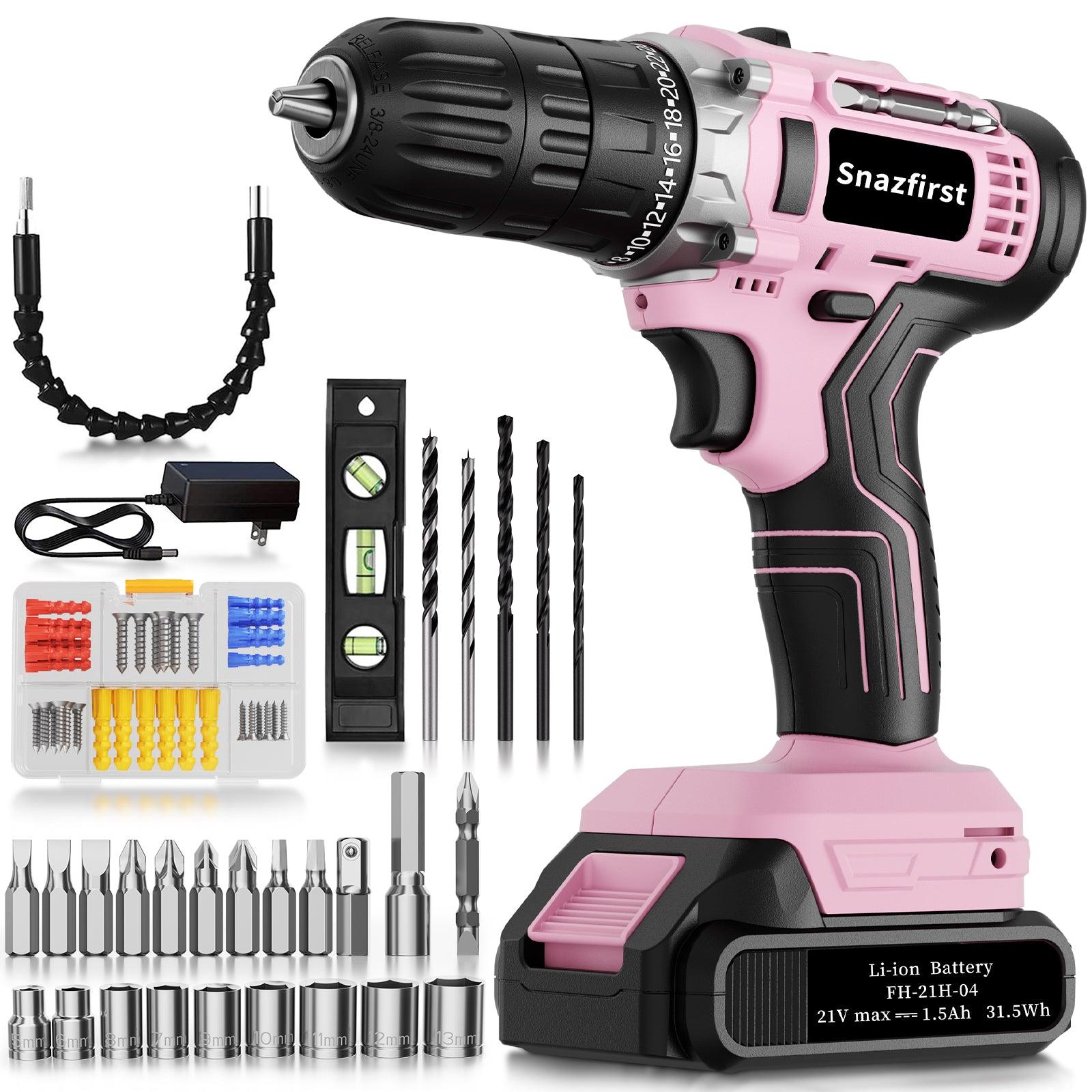 SNAZFIRST 21V Cordless Drill Set with 65pcs Drill Bits, 2 Variable Speeds, 24+1 Torque Settings, Keyless Chuck, Battery & Charger Included - Gardenjoy