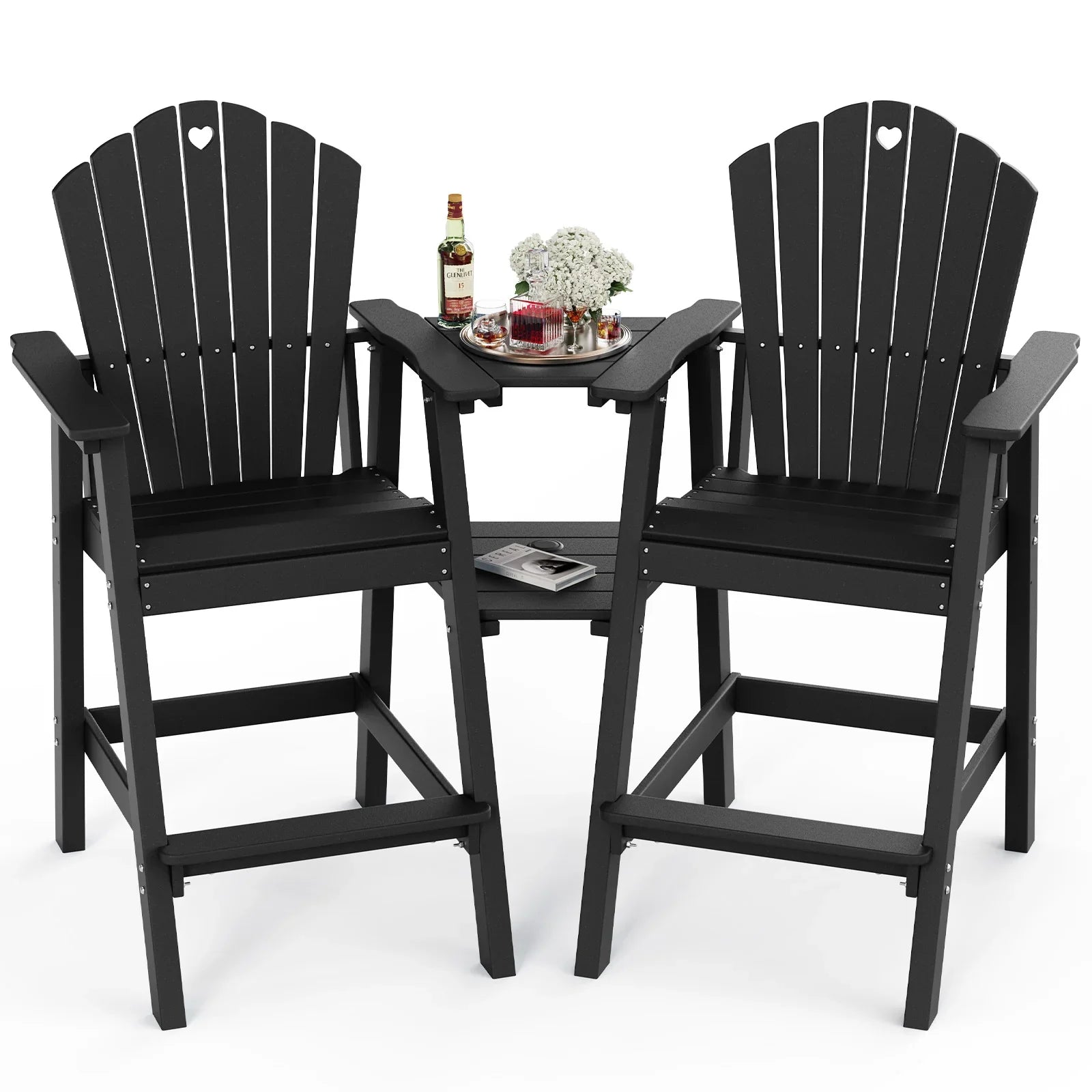 Tall Adirondack Chairs Set of 2 with Double Layer Connecting Table, HDPE Bar Height Outdoor Table and Chairs with Umbrella Hole, All Weather Outdoor Bar Stools for Patio, Deck, Backyard - Gardenjoy