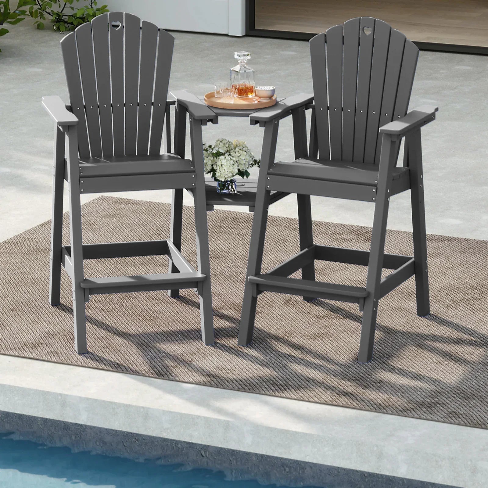 Tall Adirondack Chairs Set of 2 with Double Layer Connecting Table, HDPE Bar Height Outdoor Table and Chairs with Umbrella Hole, All Weather Outdoor Bar Stools for Patio, Deck, Backyard - Gardenjoy