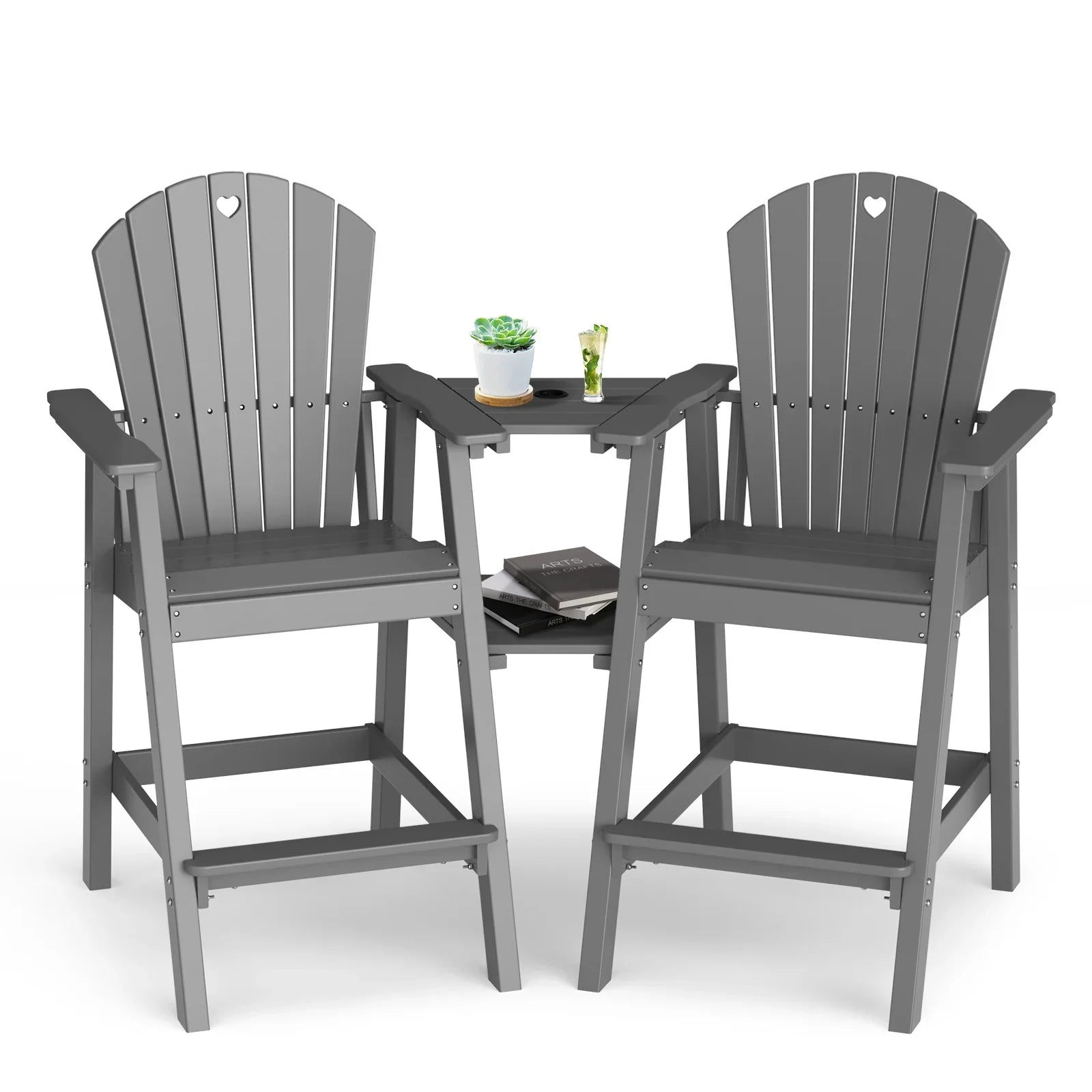 Tall Adirondack Chairs Set of 2-Durable HDPE Outdoor Bar Stools with Double Connecting Tray, Weatherproof Patio Furniture for Poolside, Backyard, Deck & Lawn Relaxation - Gardenjoy