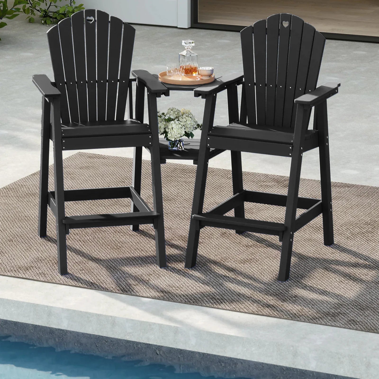 Tall Adirondack Chairs Set of 2 with Double Layer Connecting Table, HDPE Bar Height Outdoor Table and Chairs with Umbrella Hole, All Weather Outdoor Bar Stools for Patio, Deck, Backyard - Gardenjoy