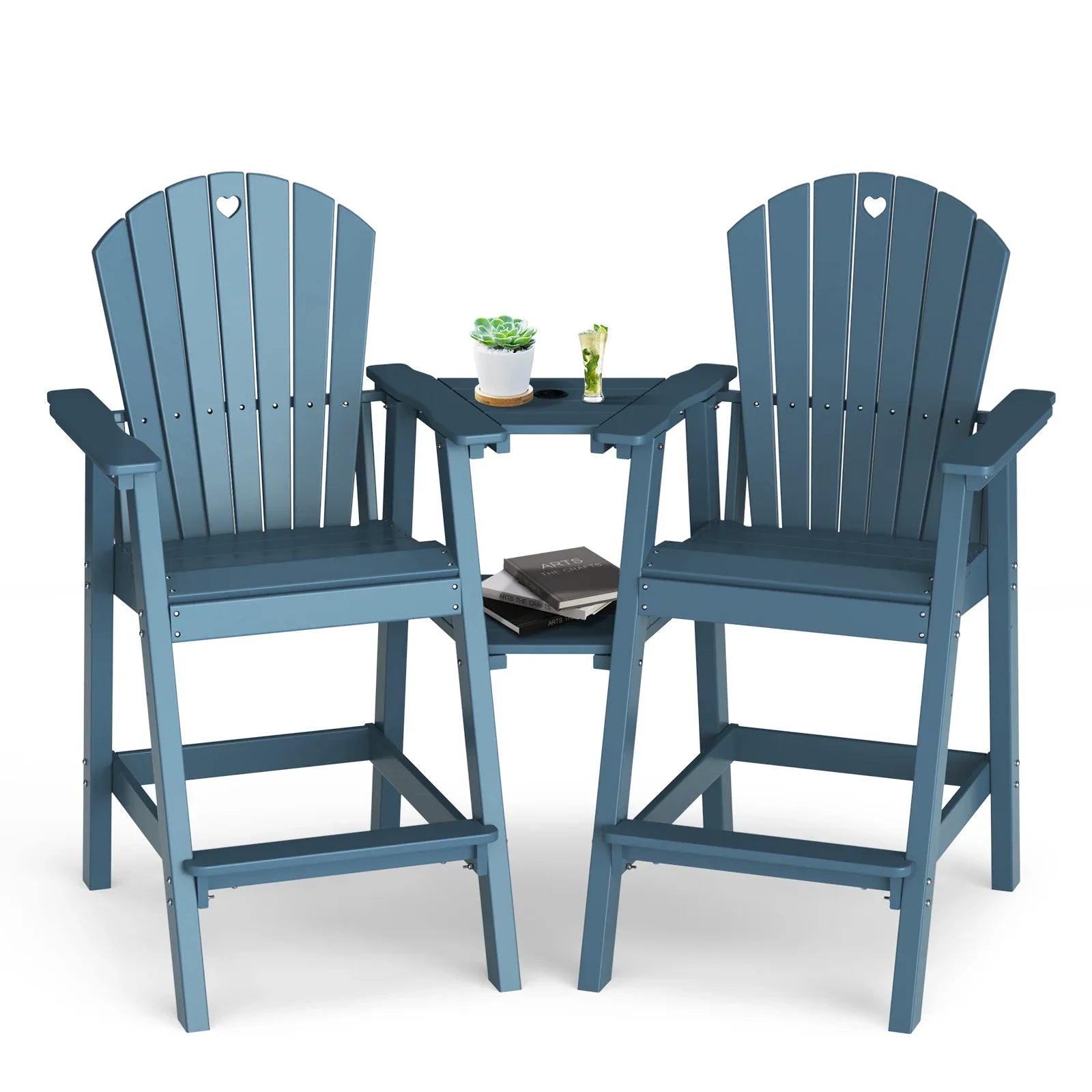 Tall Adirondack Chairs Set of 2-Durable HDPE Outdoor Bar Stools with Double Connecting Tray, Weatherproof Patio Furniture for Poolside, Backyard, Deck & Lawn Relaxation - Gardenjoy