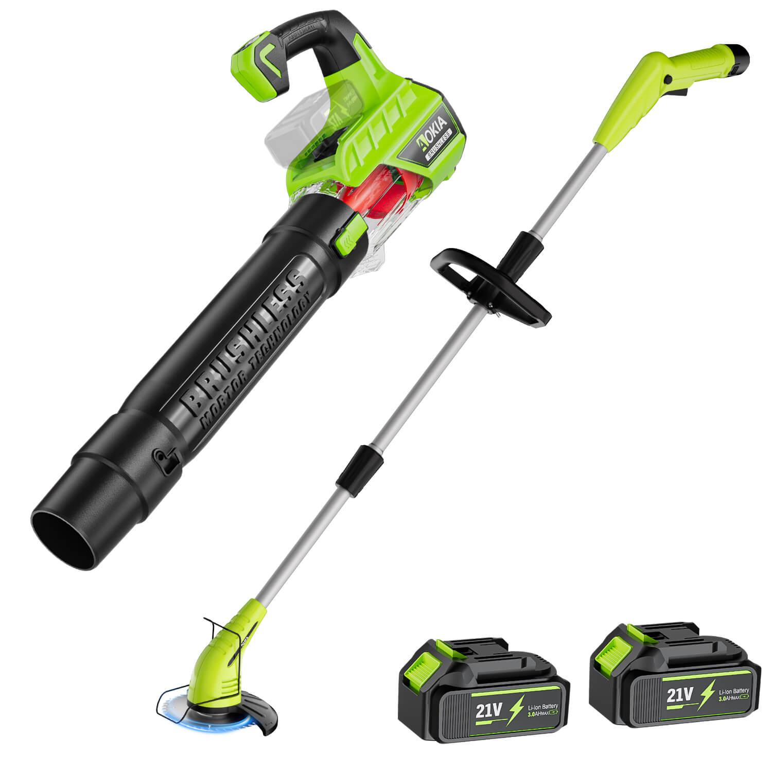 12V Cordless Grass Trimmer & 500CFM Leaf Blower with 21V 2×3.0Ah Batteries Combo Kit, Green/Yellow - Gardenjoy