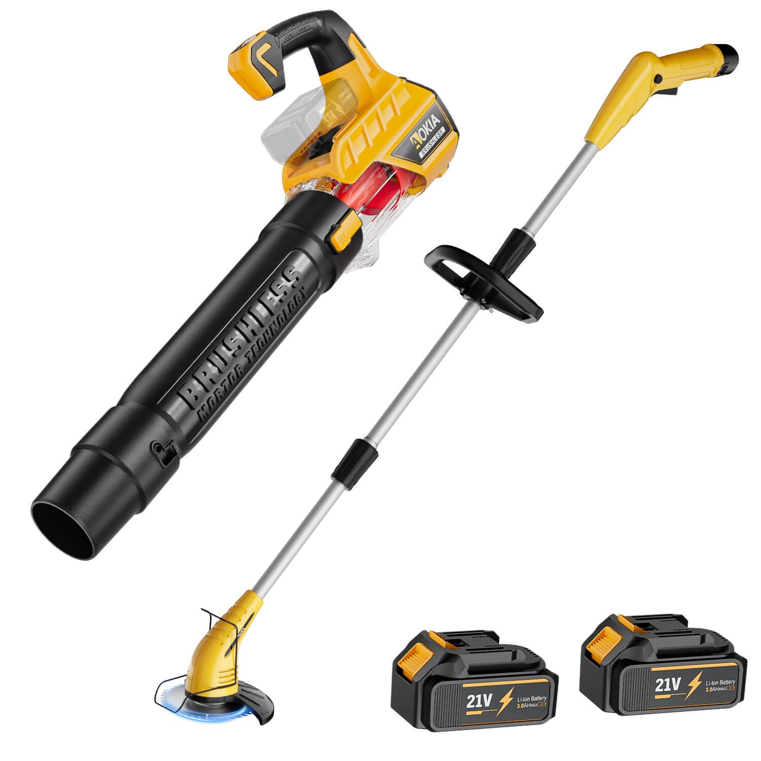 12V Cordless Grass Trimmer & 500CFM Leaf Blower with 21V 2×3.0Ah Batteries Combo Kit, Green/Yellow - Gardenjoy