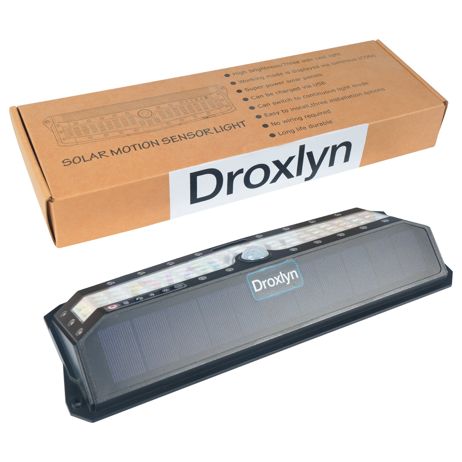 Droxlyn Solar Outdoor Motion Sensor Lights, Waterproof LED Solar Wall Lights 3 Modes Security Lamp for Yard Patio Garden Fence