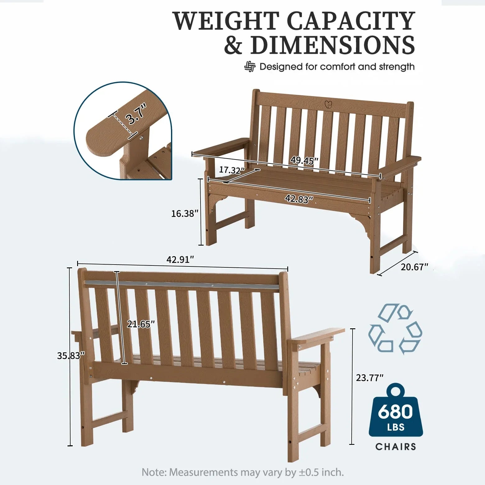 Outdoor Bench|2-Person HDPE Garden Bench |with Heart Detail & Wood Grain|680 LBS Capacity|All-Weather|  Porch, Backyard & Park - Gardenjoy
