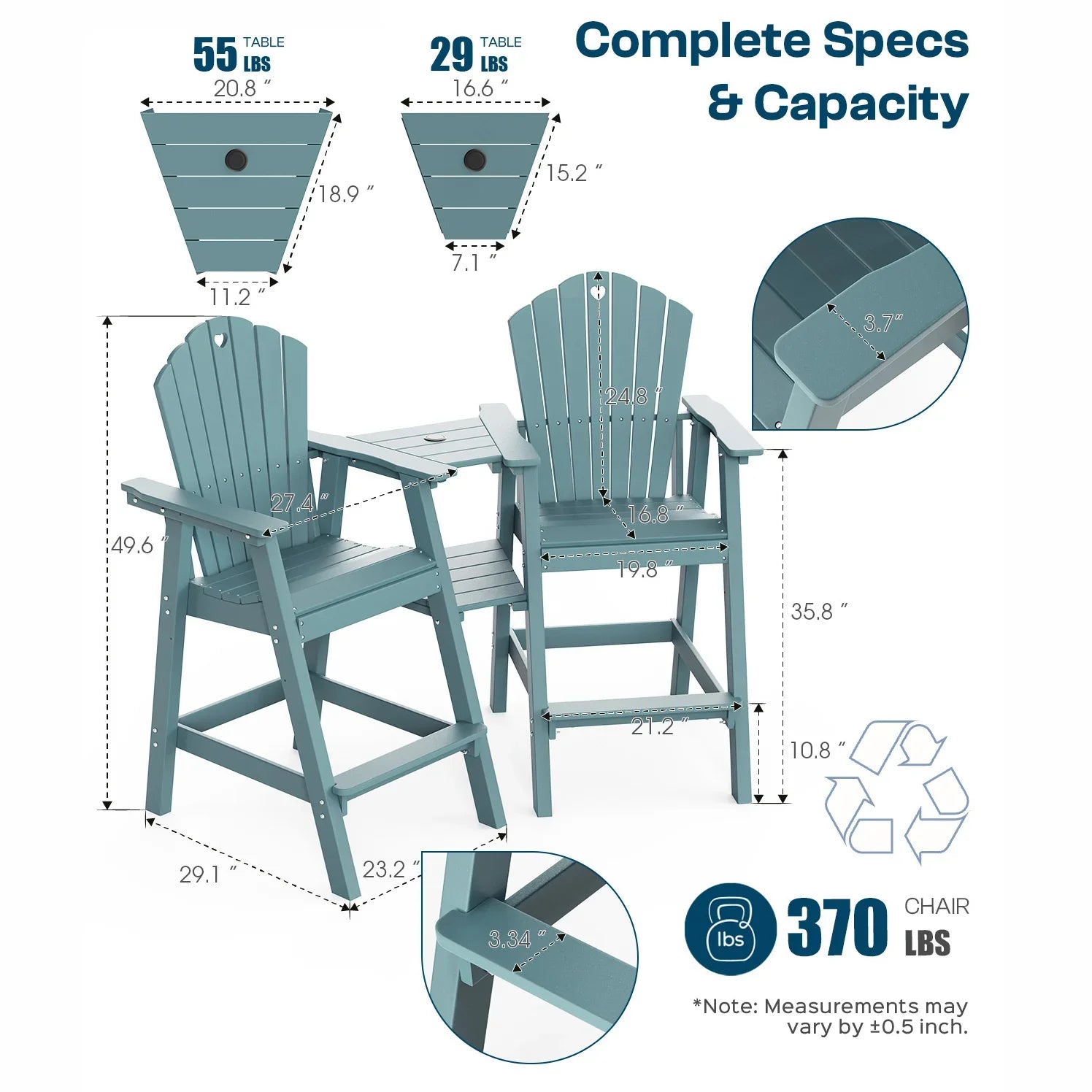 Tall Adirondack Chairs Set of 2 with Double Layer Connecting Table, HDPE Bar Height Outdoor Table and Chairs with Umbrella Hole, All Weather Outdoor Bar Stools for Patio, Deck, Backyard - Gardenjoy