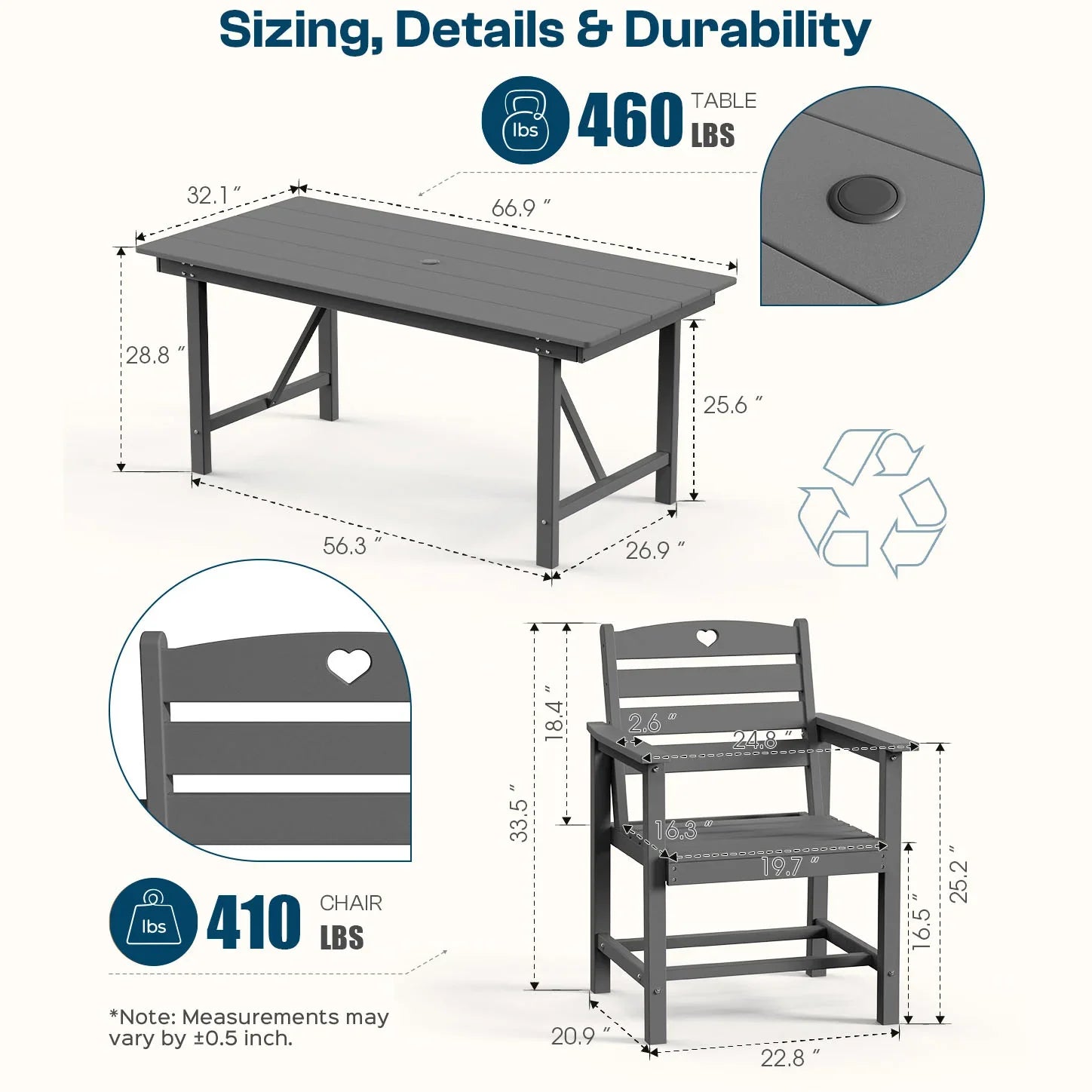 HDPE Patio Table and Chairs Set with Umbrella Hole, Weather-Resistant Patio Dining Sets, Outdoor Dining Set for Lawn, Patio, Porch, Deck, Poolside, Yard - Gardenjoy