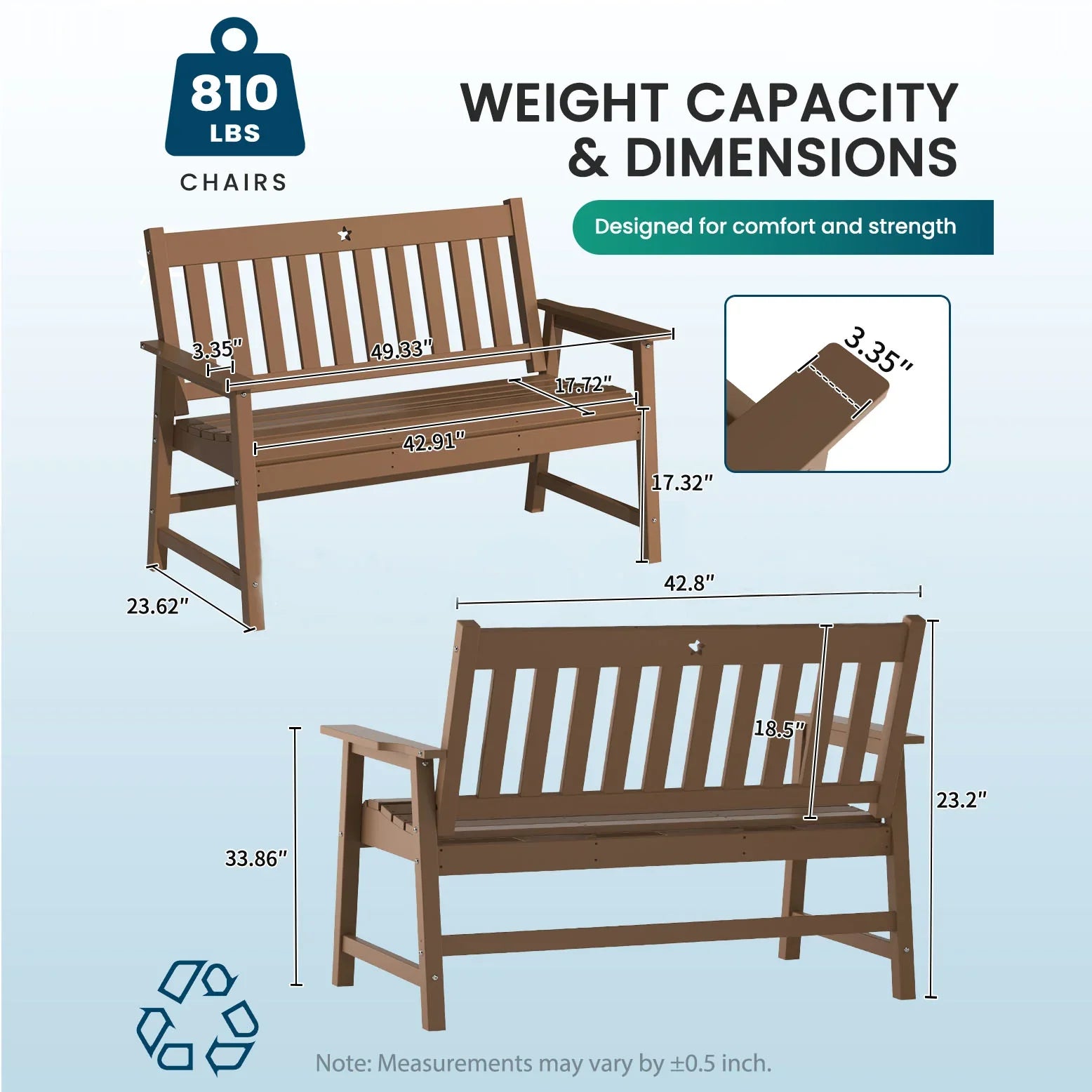 Outdoor Bench, 2-Person Garden Bench, HDPE Patio Bench Weatherproof, Durable Porch Bench for Patio, Backyard, Porch, and Park - Gardenjoy