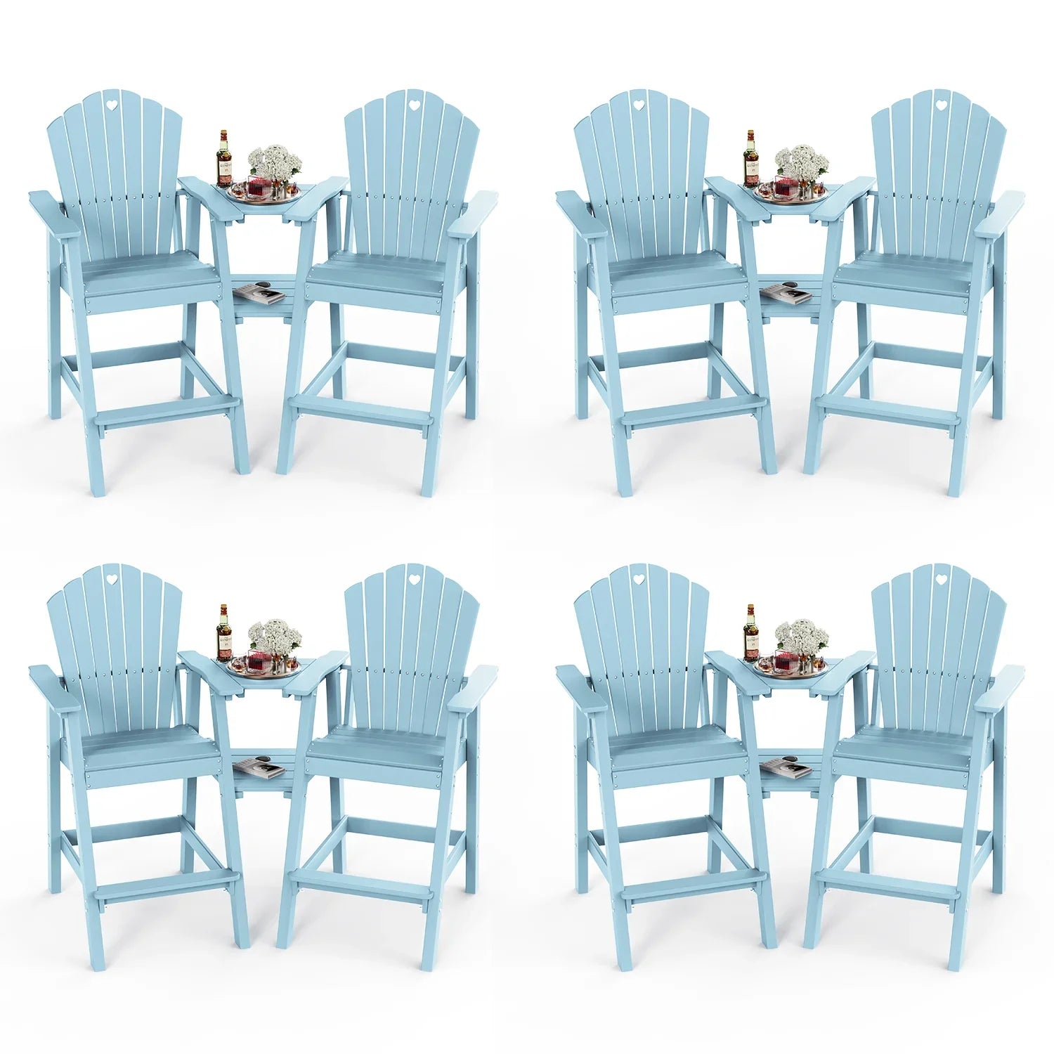 Tall Adirondack Chairs Set of 2 with Double Layer Connecting Table, HDPE Bar Height Outdoor Table and Chairs with Umbrella Hole, All Weather Outdoor Bar Stools for Patio, Deck, Backyard - Gardenjoy