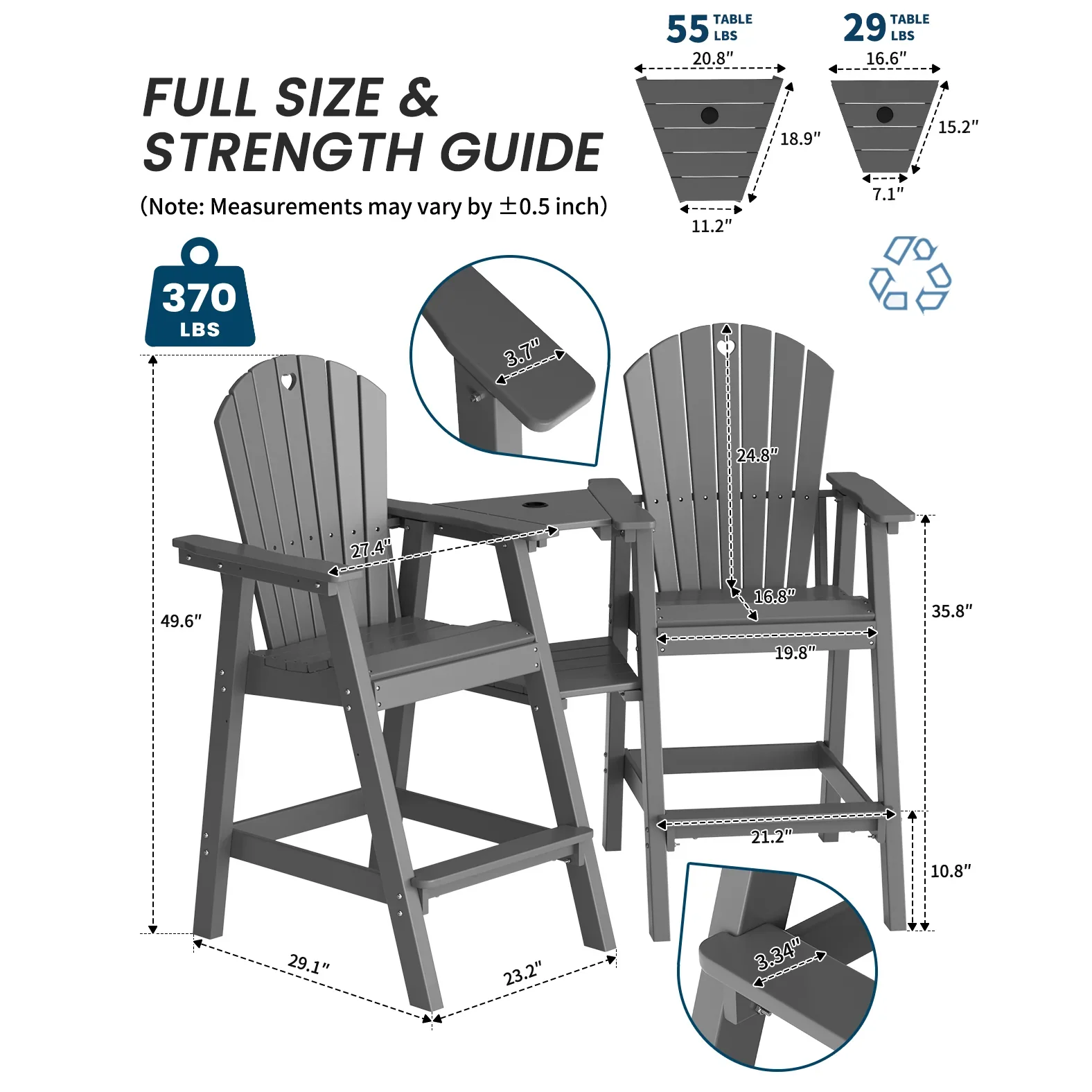 Tall Adirondack Chairs Set of 2-Durable HDPE Outdoor Bar Stools with Double Connecting Tray, Weatherproof Patio Furniture for Poolside, Backyard, Deck & Lawn Relaxation - Gardenjoy
