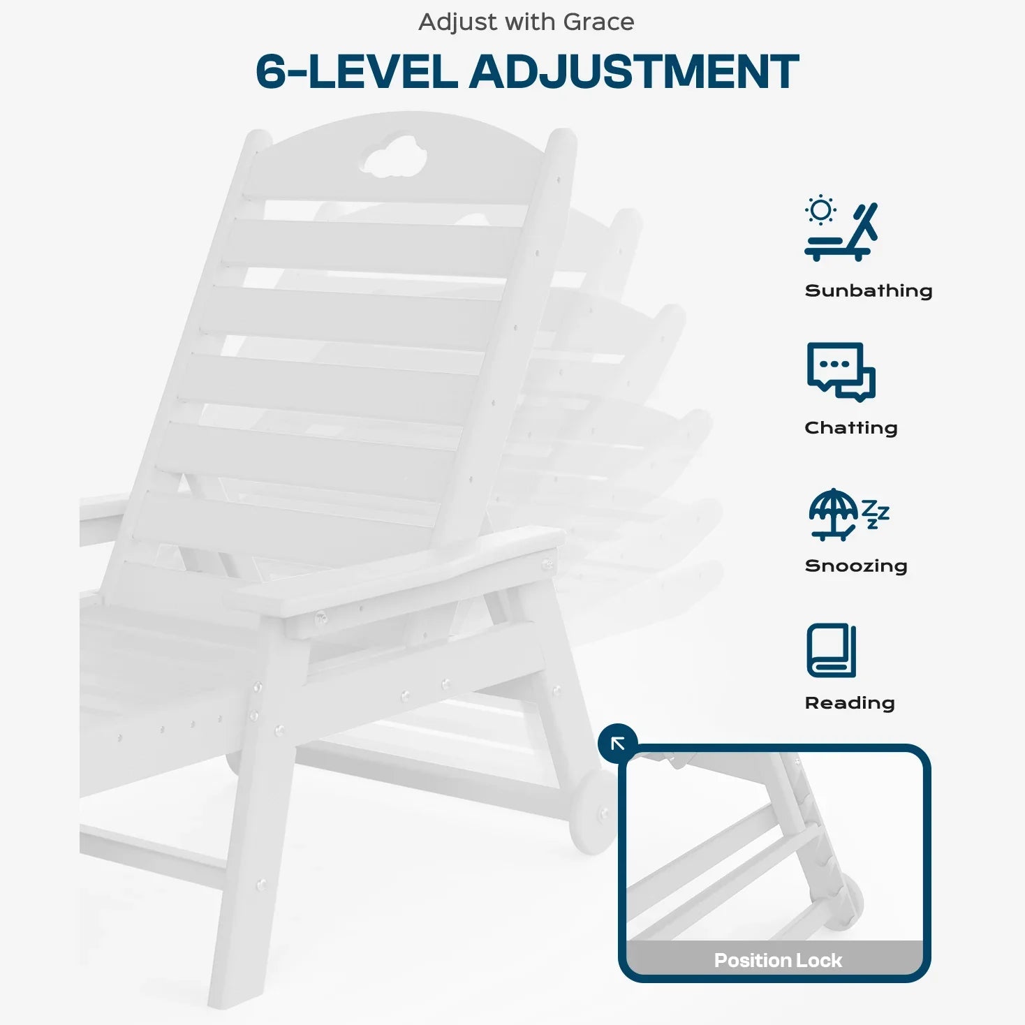 Outdoor lounge chair with cup holder, outdoor lounge chair with 5-position adjustable backrest, HDPE lounge chair for poolside, patio, deck and backyard, lounge chair with wheels - Gardenjoy