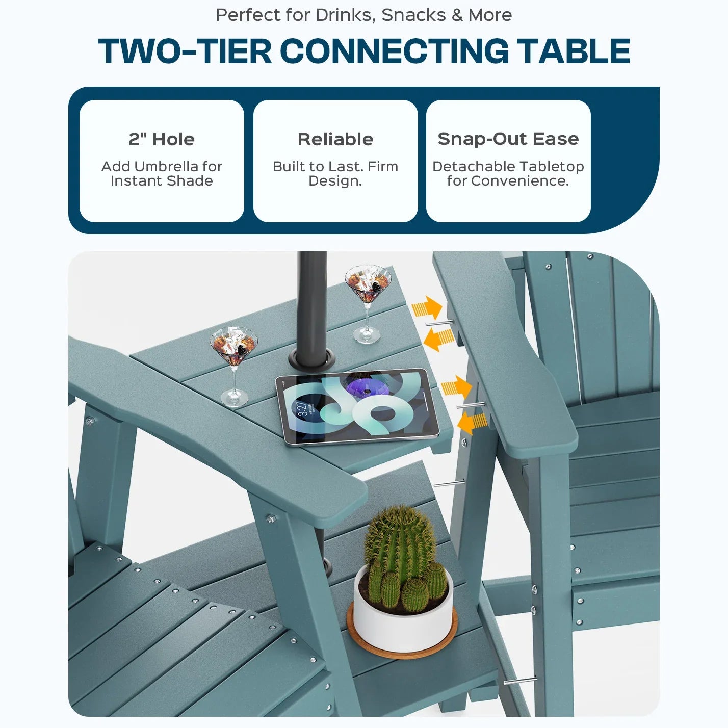 Tall Adirondack Chairs Set of 2 with Double Layer Connecting Table, HDPE Bar Height Outdoor Table and Chairs with Umbrella Hole, All Weather Outdoor Bar Stools for Patio, Deck, Backyard - Gardenjoy